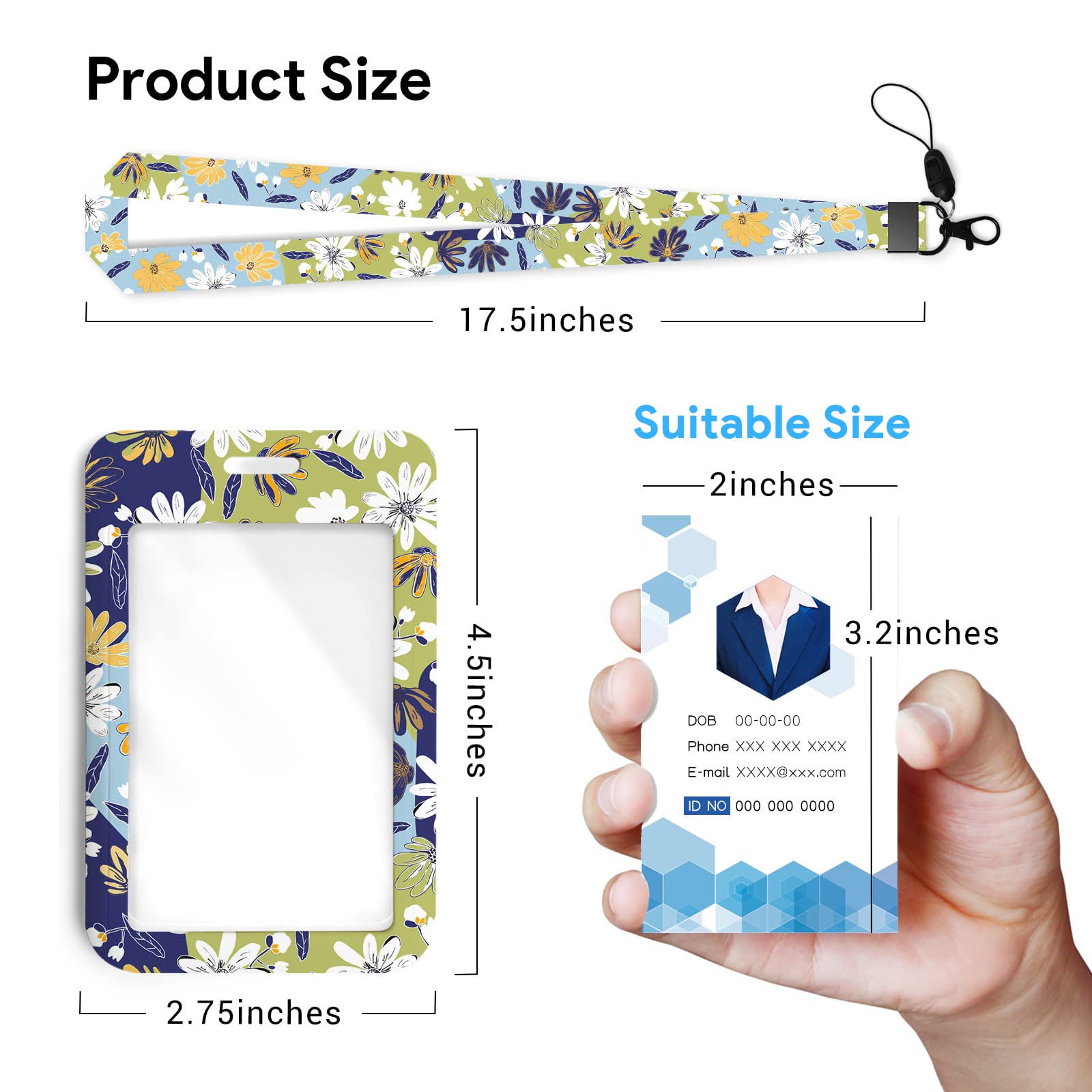 Id Badge Holder with Lanyard,Flowers Pattern Lanyards for ID Badges Neck Lanyard for Keys ID Badges Cute Fashion Key Chain Keychains Green Neck Lanyard for School Office Men Women Teen Kids