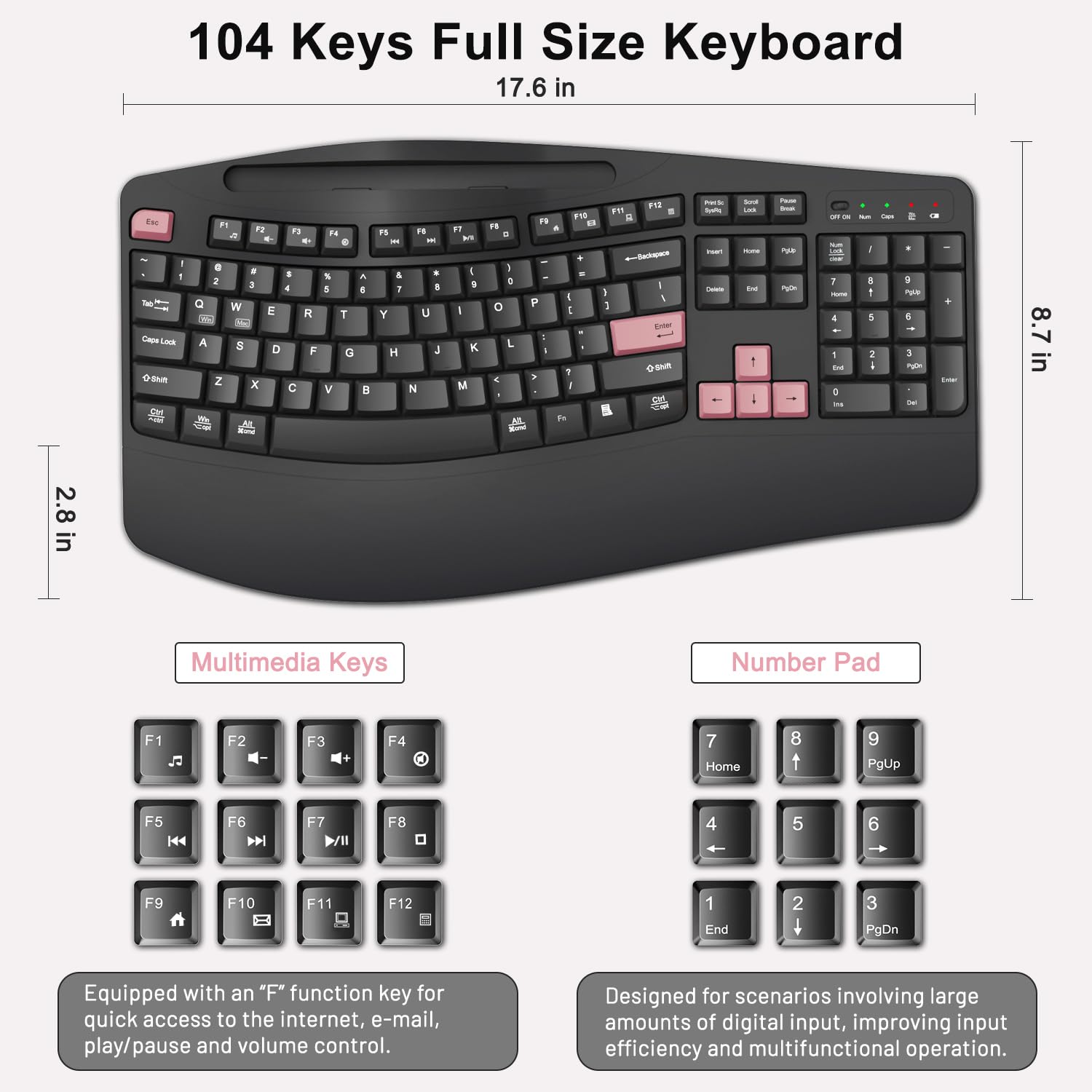 Wireless Keyboard and Mouse Combo, 2.4G Full Size Wave Keys Ergonomic Keyboard with Wrist Rest, Phone Holder, 3-Level DPI Wireless Silent Mouse with 6-Buttons, for Windows (Pink)