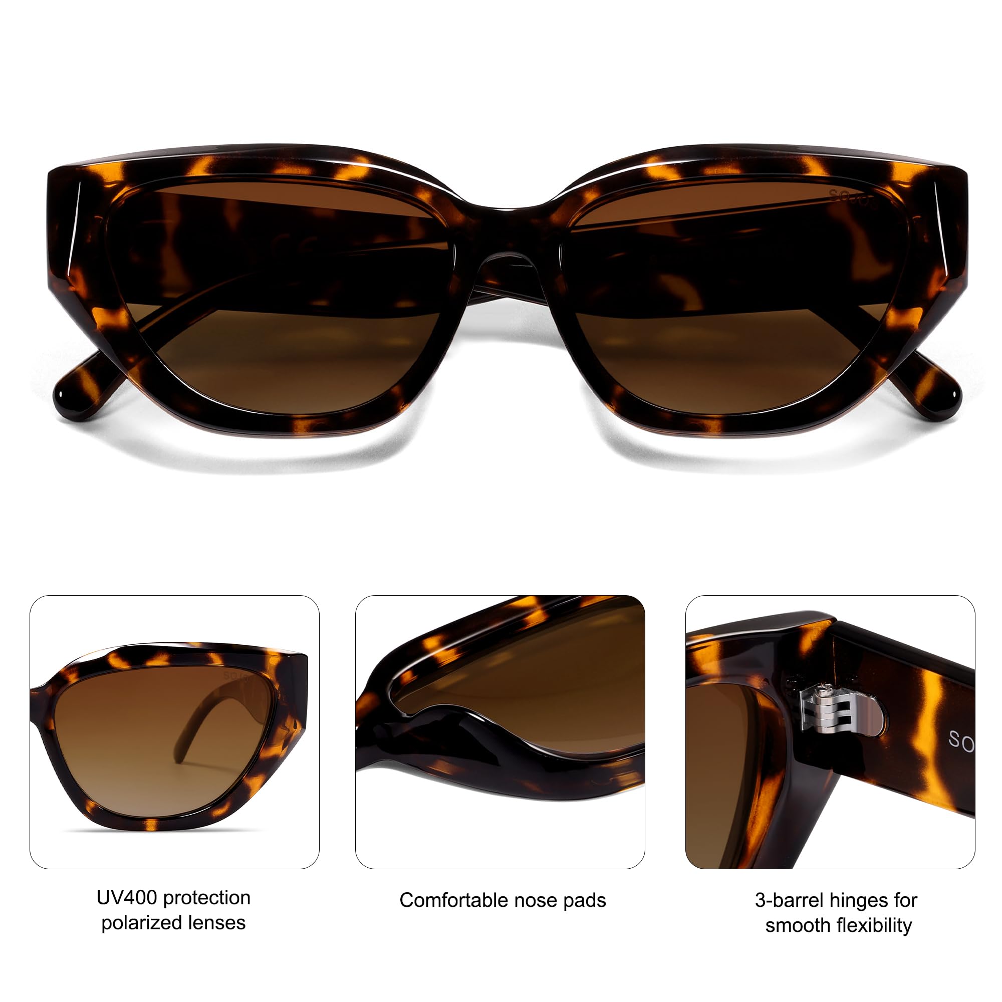 SOJOS Trendy Cute Cat Eye Polarized Sunglasses for Women Fashion Cateye Womens Sunnies SJ2237, Brown Tortoise Frame Brown Grading Lens