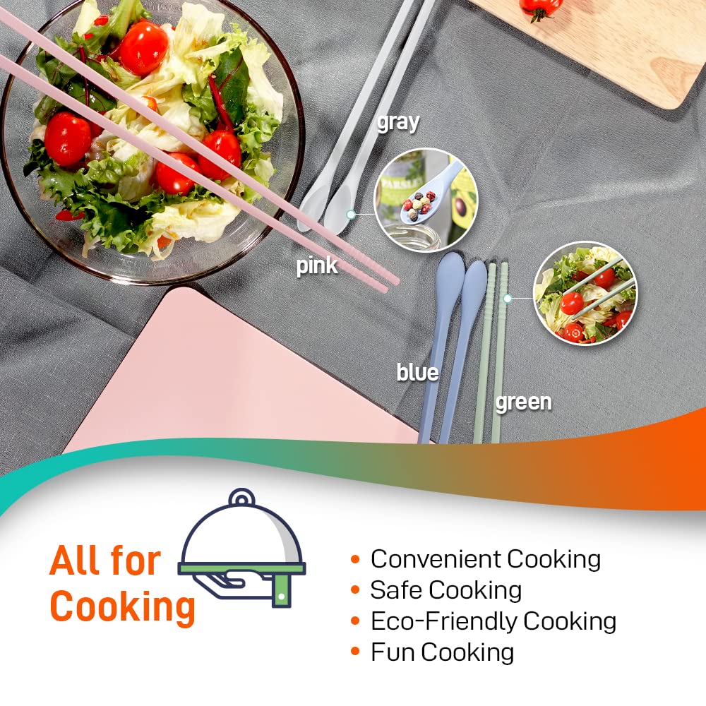 RECOHOME Reusable Long Silicone Cooking Chopsticks with Spoon 12 Inches 1 Pair, Dishwasher Safe, BPA-free Non-Slip, Non-Scratch, Korea Japanese Kitchen Utensils (Pastel Grey, 1Pair )