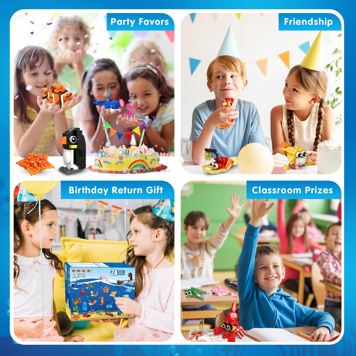 HOGOKIDS 24 Pack Party Favors for Kids Building Set - 629PCS Marine Animals Building Blocks Toy for Goodie Bag Stuffers Classroom Prizes, Valentines Day Easter Birthday Gift for Boys Girls Ages 6-12