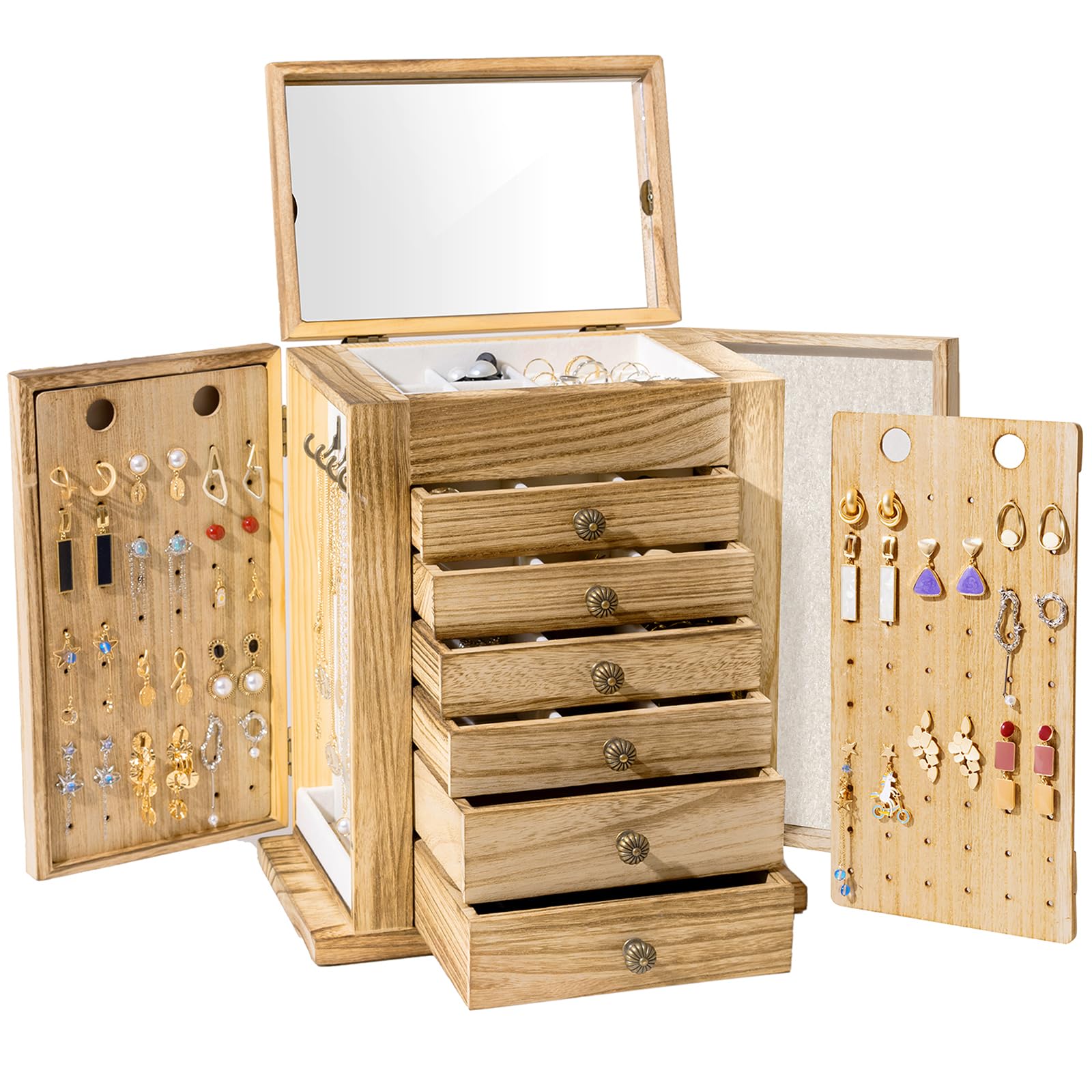 ProCase Large Jewelry Box, 7-Layer Wooden Jewelry Boxes for Women, Jewellery Holder Organizer Storage Case with Mirror for Earrings Bracelet Necklace for Dresser, Mother's Day Gift -Natural