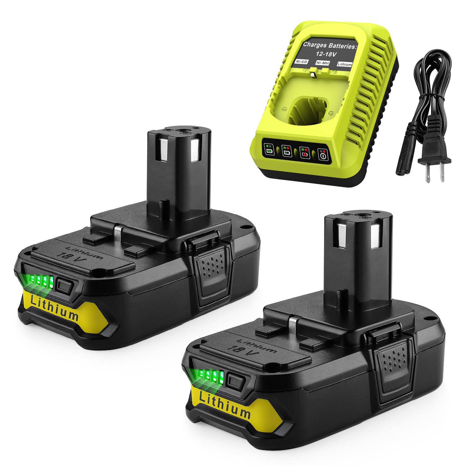 Energup 2Pack 18Volt P102 Replace for Ryobi 18V Batteries and Charger Combo 3.5A, for 18 Volt ONE+ P103 P104 P105 P107 P109 P190 P191 P122 for Ryobi 18v Lithium Battery