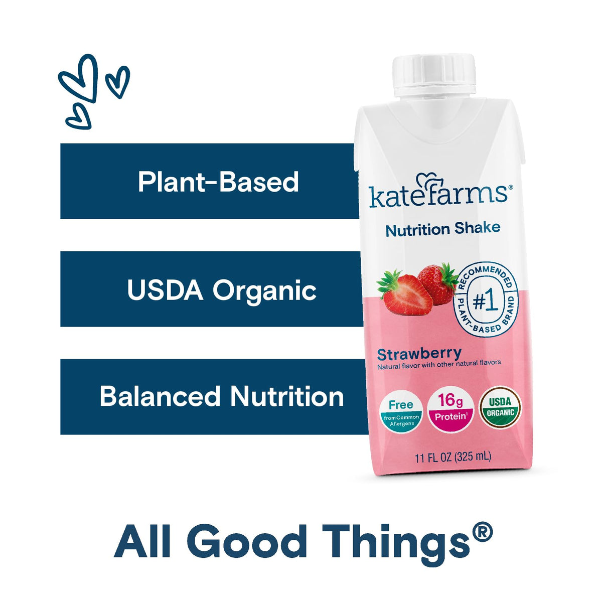 KATE FARMS Organic Nutrition Shake, Strawberry, 16g protein, 27 Vitamins and Minerals, Protein Meal Replacement Drink, Protein Shake, 11 oz (12 Pack)