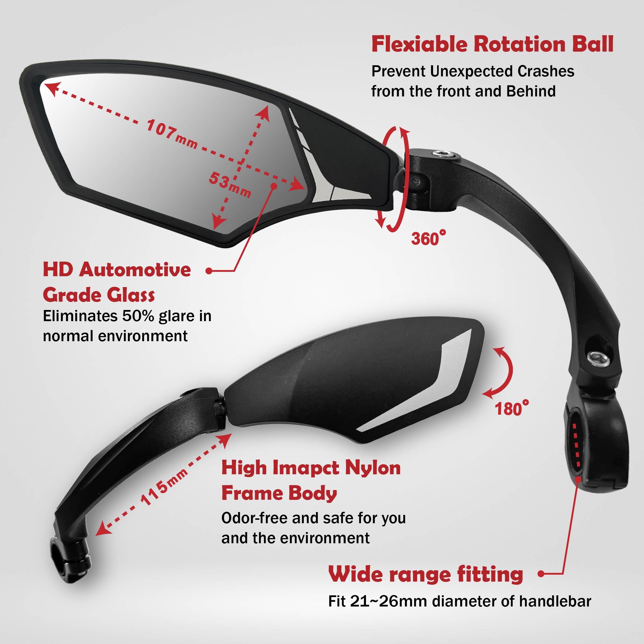 Hafny NEW Handlebar Bike Mirror, HD,Blast-resistant, E-bike Mirror, Glass Lens, HF-MR095 (Silver Left)