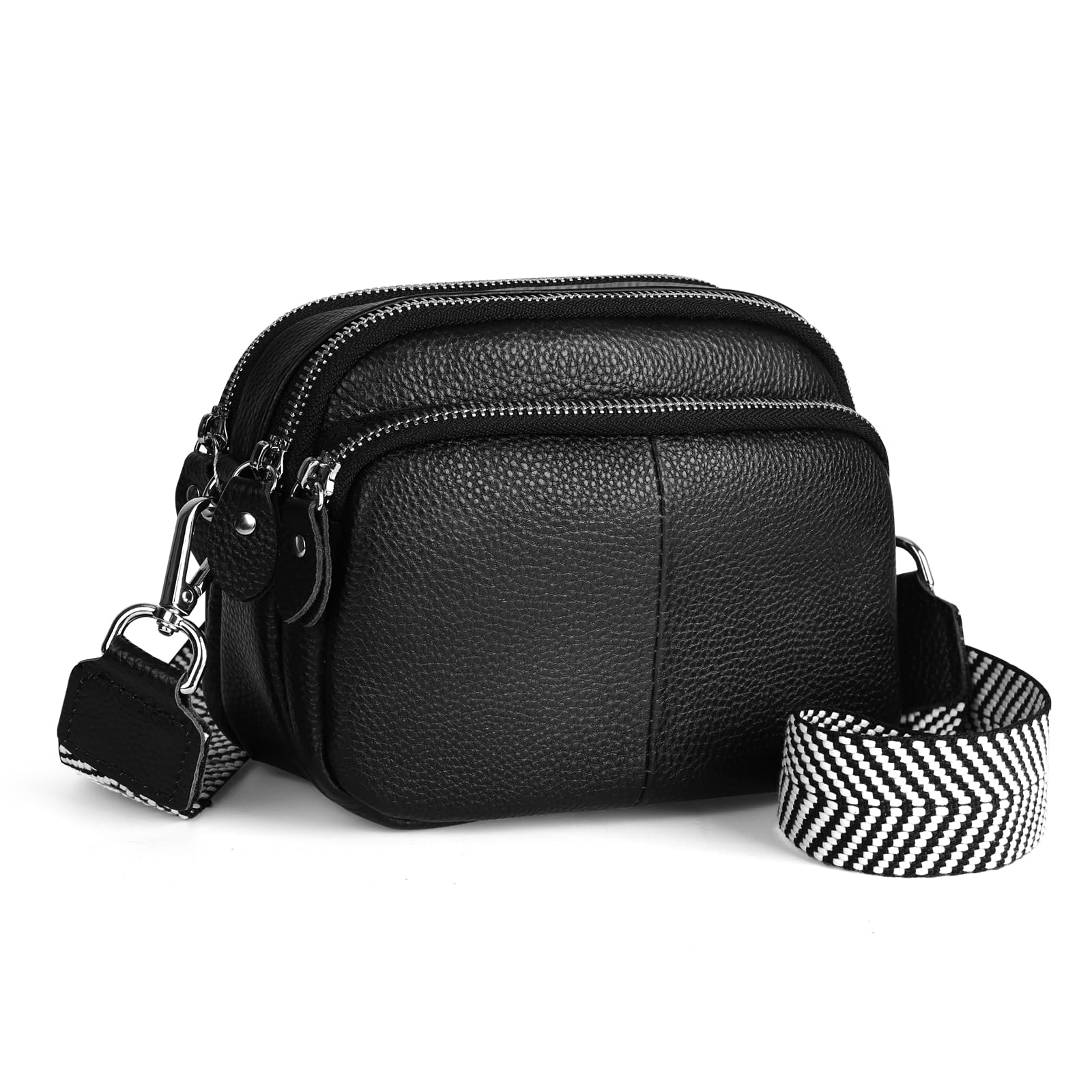 befen Black Small Genuine Leather Triple Zip Genuine Leather Camera Crossbody Bags for Women,Cell Phone Purse Shoulder Handbags with Credit Card Slots