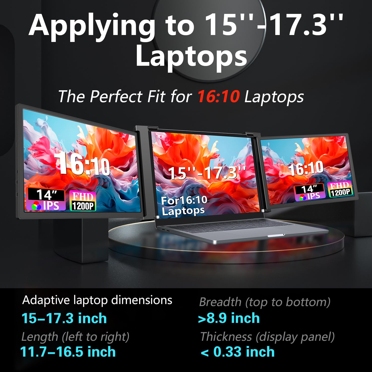 FQQ 14” Triple Laptop Screen Extender, 1920 * 1200P FHD IPS Portable Monitor for 15” - 17.3" Laptop, 16:10, Dual Monitor Display for Win/MAC(Not Included M1, M2, M3), HDMI/USB-C Plug & Play