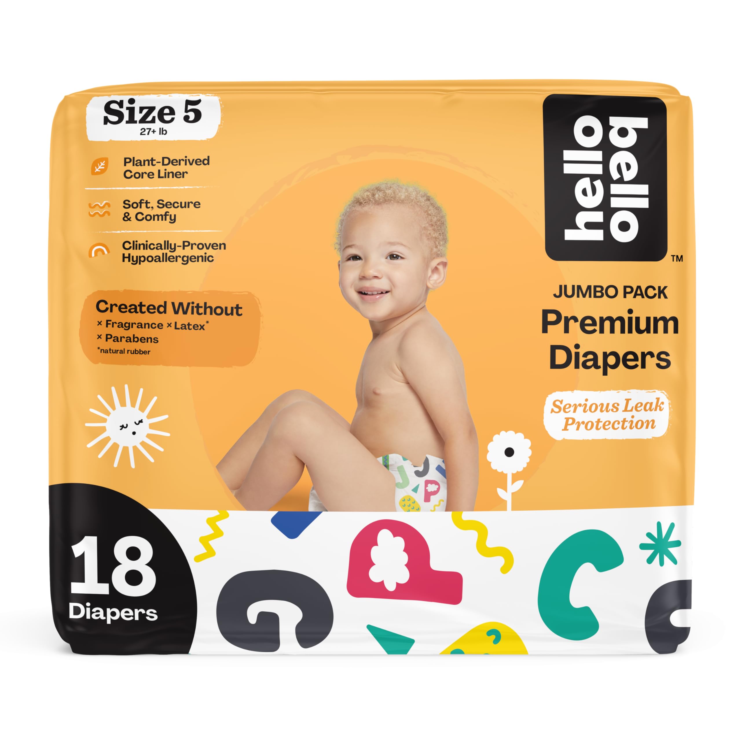 Hello Bello Premium Baby Diapers Size 5 I 18 Count of Disposable, Extra-Absorbent, Hypoallergenic, and Eco-Friendly Baby Diapers with Snug and Comfort Fit I Alphabet Soup
