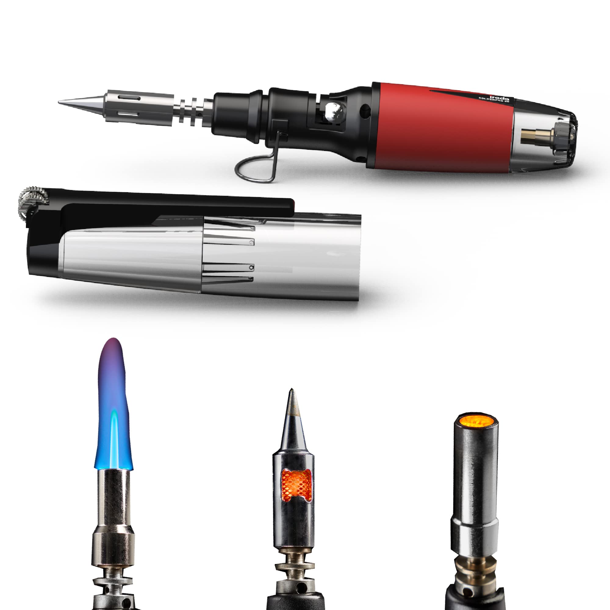 IRODA SOLDERPRO 50K Butane Soldering Iron Kit | 4-in-1 30-70W Heat Gun | Mini Torch | Cordless Portable Butane Soldering Kit Rapid Heat Up (Taiwan Made)