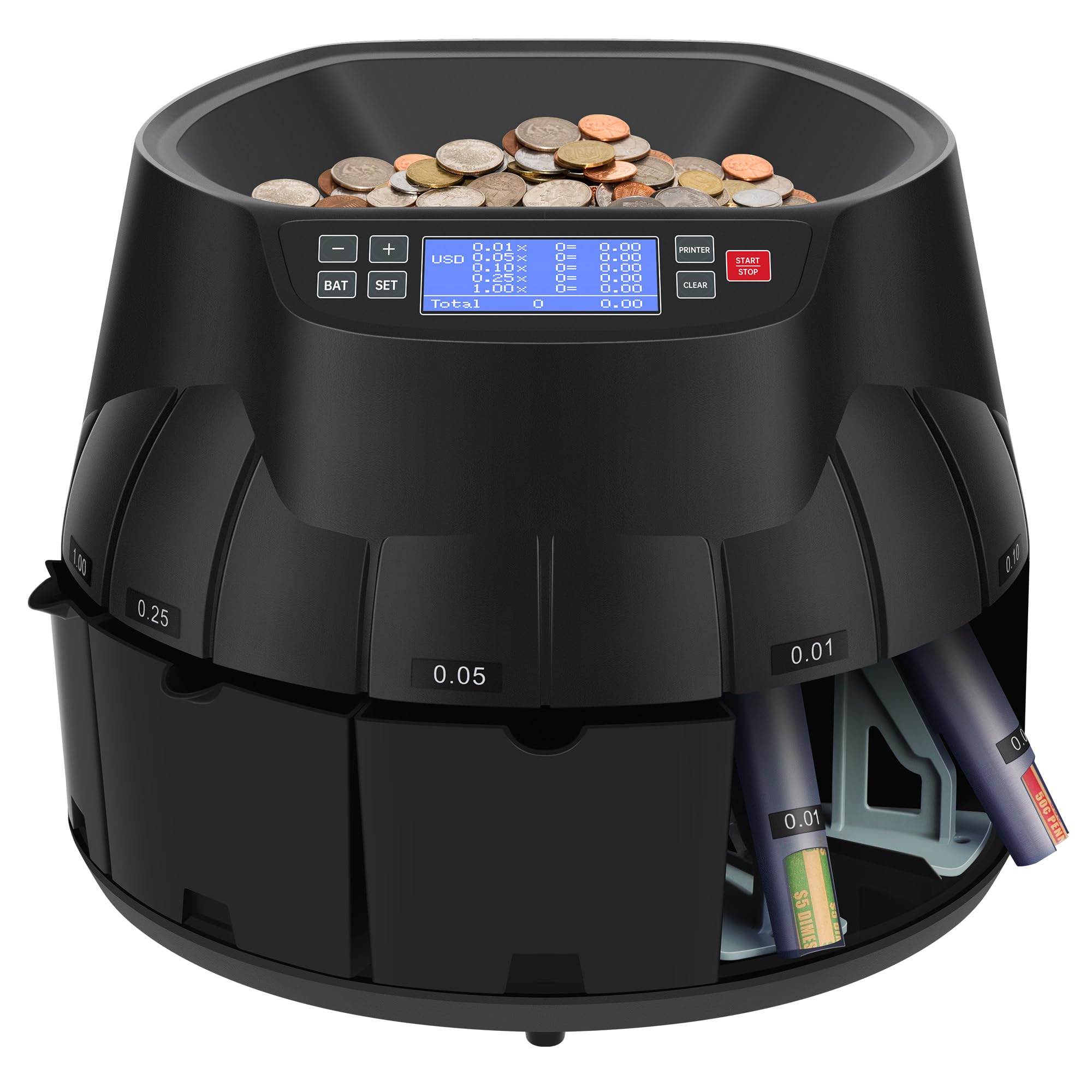 Ninedeers ND100 Coin Counter Sorter Machine and Wrapper/Roller, Sorts up to 345 Coins Per Minute, Comes with Intelligent Counting & Sorting Report & Printing-Compatible Function, Preformed Wrappers