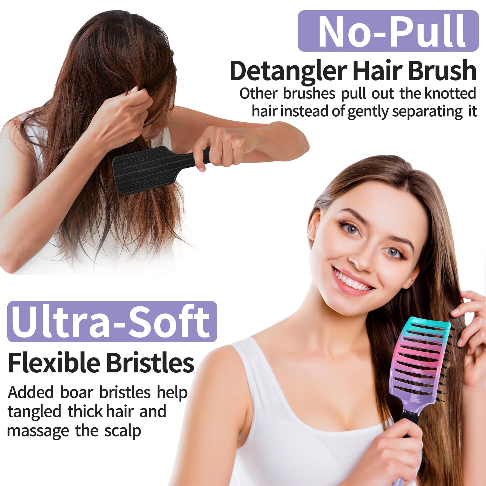 Detangling Brush 2 Pack, HIPPIH Detangler Hair brush for Adult & Kids’ Wet or Dry Hair, Boar Bristle Hair Brush Getting Knots Out without Pain Adds Shine and Makes Hair Smooth Purple