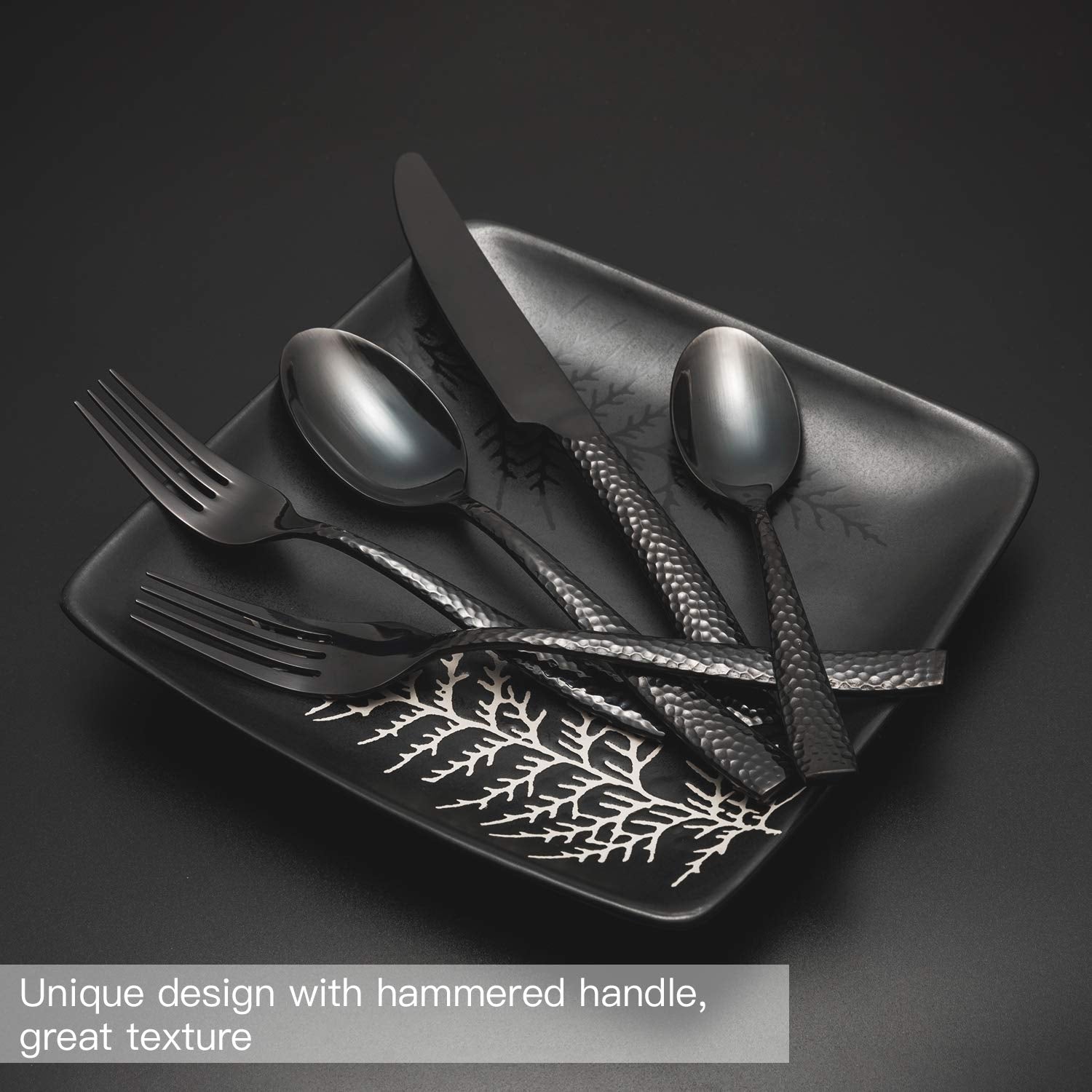 Kelenfer Silverware Set Black Flatware Set Stainless Steel 40 Pieces Cutlery Set Hammered Pattern Mirror Polished Home Hotel Use Service for 8, (KL9001)