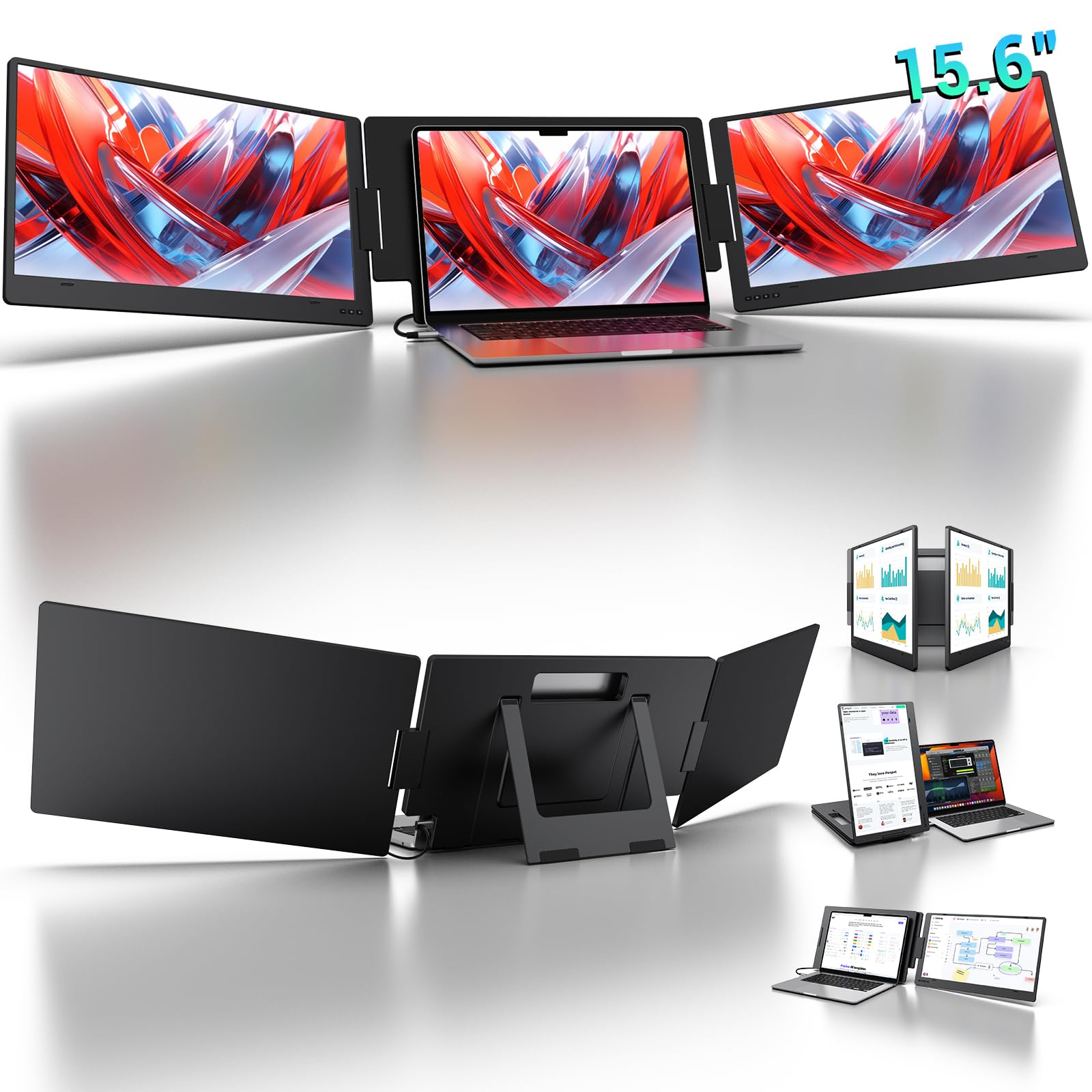 KYY 15.6" Laptop Screen Extender, 1080P FHD IPS Portable Monitor, One Cable USB-C Triple Monitor, Dual Travel Screen for 12"-17'' Laptops, 360° Rotation & Kickstand,X90D (Driver Need)