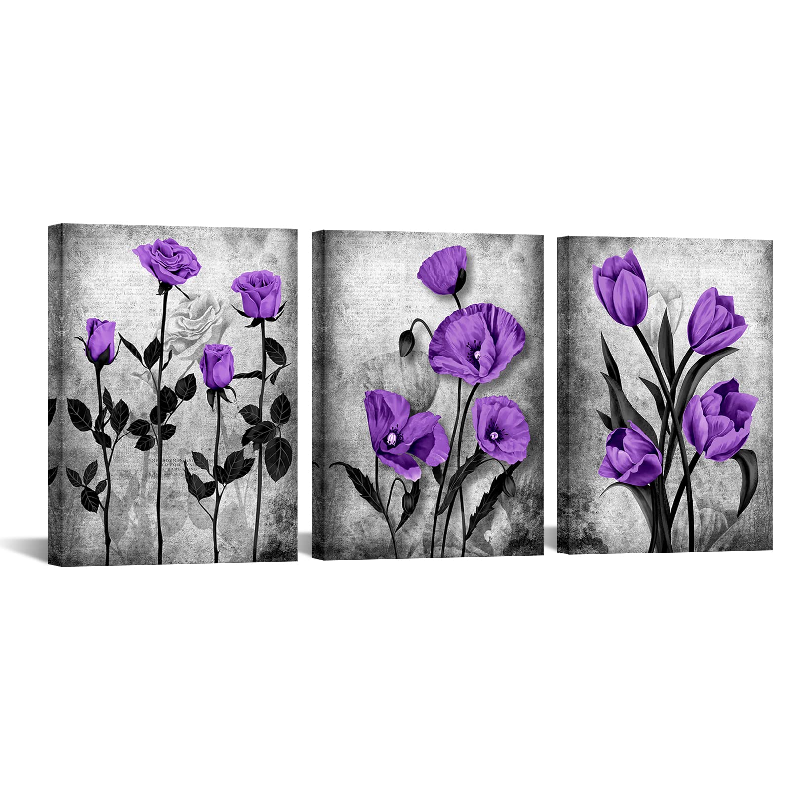 DuoBaorom Purple Grey Rose Painting Poppy Wall Art Tulip Floral Cnvas Print Bedroom Decor Flower Set of 3 Panel