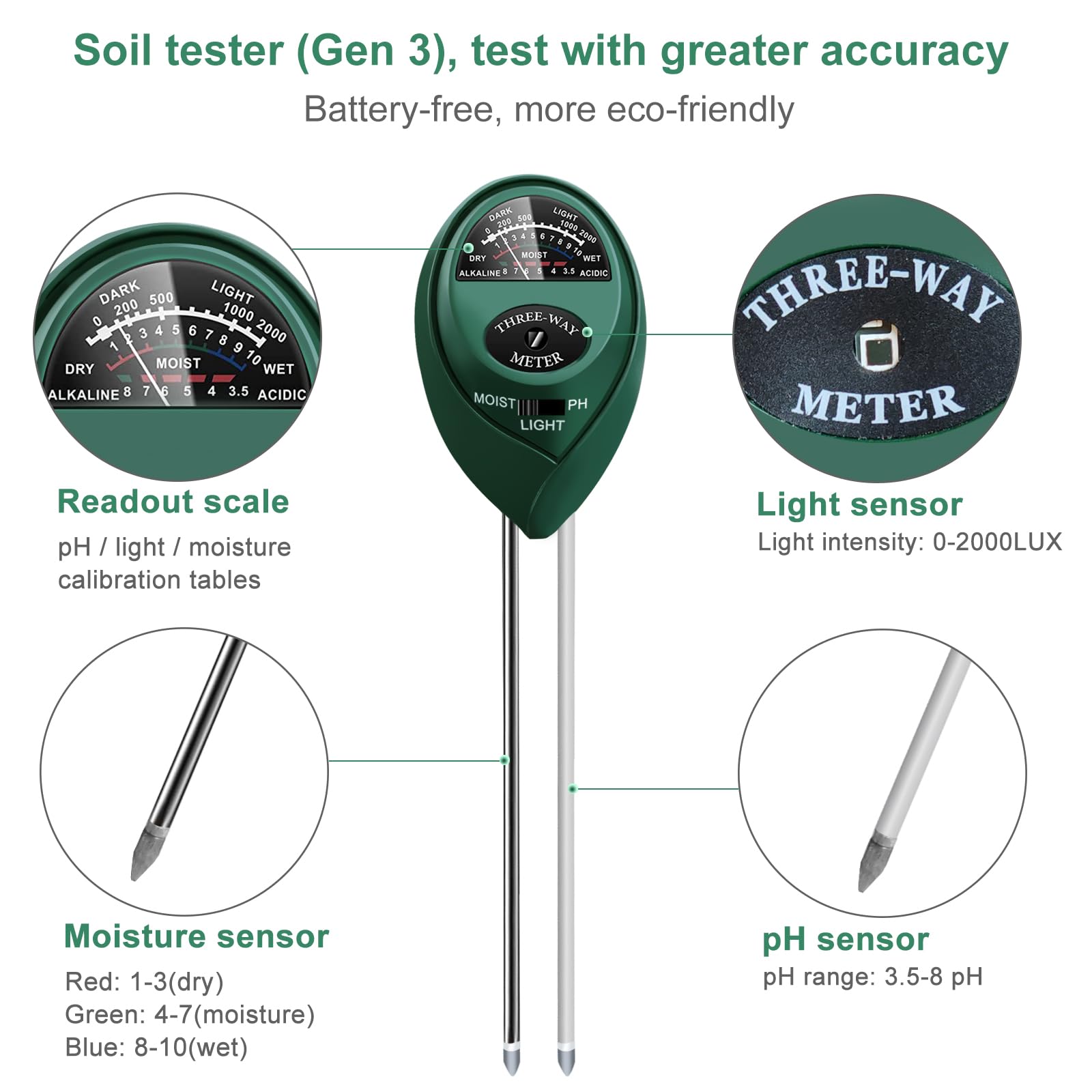 Zoiydals Soil Tester 3-in-1 – Soil Moisture Meter, Light Sensor & Soil pH Tester – No Battery Needed – Plant Moisture & Water Monitor for Garden, Lawn, Farm, Indoor/Outdoor – Promote Healthy Growth