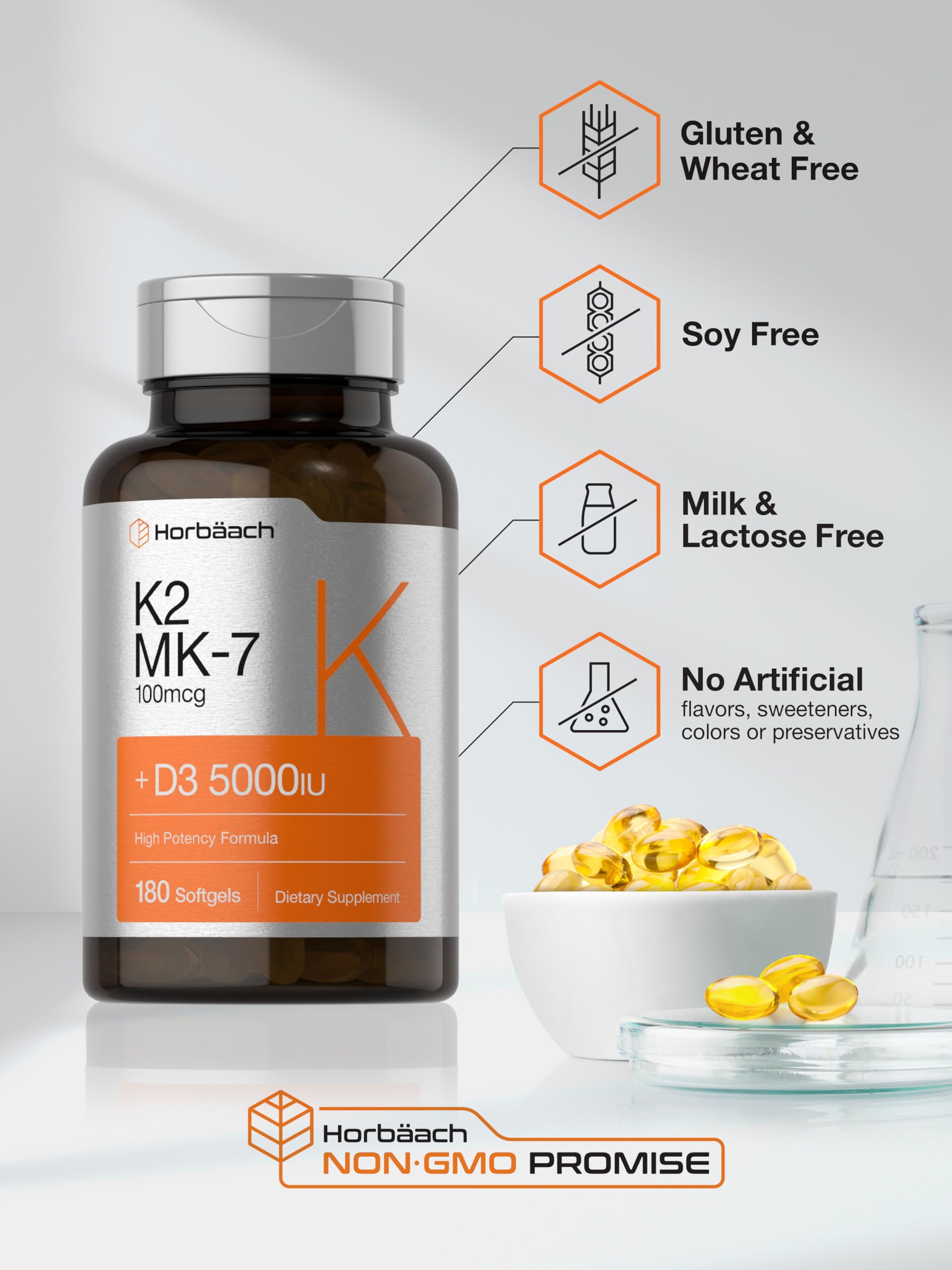 Horbäach Vitamin D3 K2 5000 iu | 100mcg MK-7 Complex | 180 Softgel Capsules | Non-GMO & Gluten Free Supplement