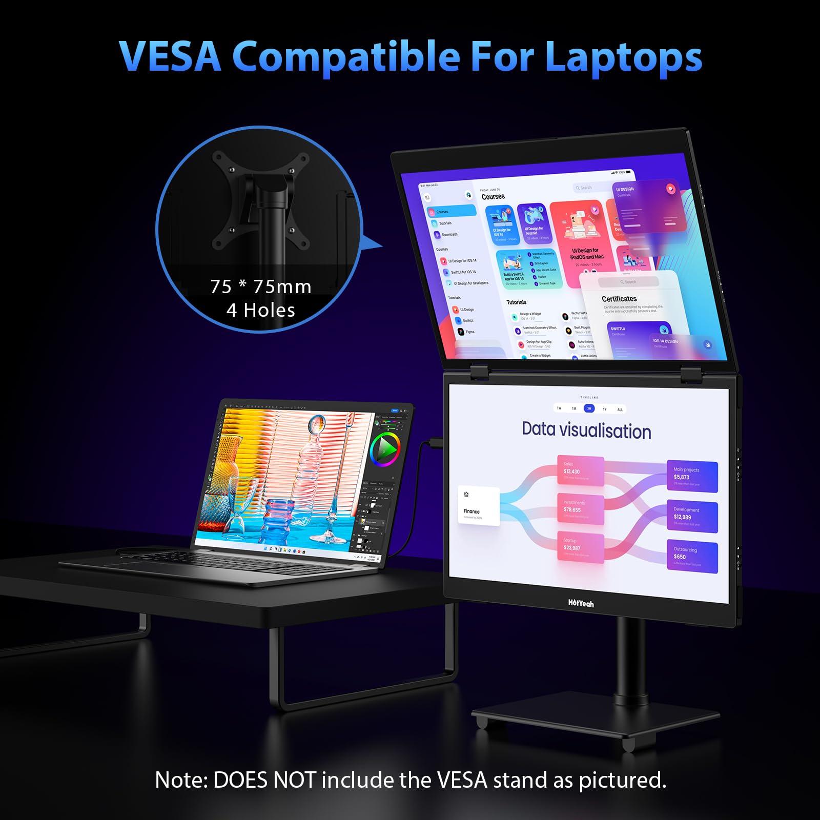 HotYeah Triple Laptop Screen Extender, 15.6" 1080P FHD IPS Folding Stacked Portable Dual Monitor, USB C Travel Extended Computer Display w/VESA, 180°Rotation, Plug & Play for Laptops (Windows Only)