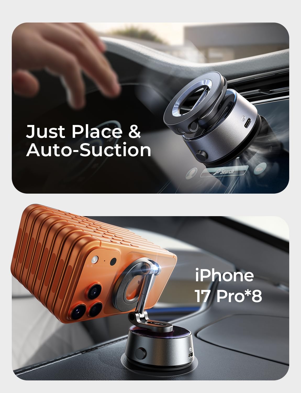 LISEN SuctionPro Phone Holder for Car【Auto Vacuum】Electric Vacuum Magnetic Phone Mount, Suction Cup Phone Mount 360° Adjustable Car Accessories Magsafe Car Mount for iPhone 17 Pro Max Air 16 15 14 13