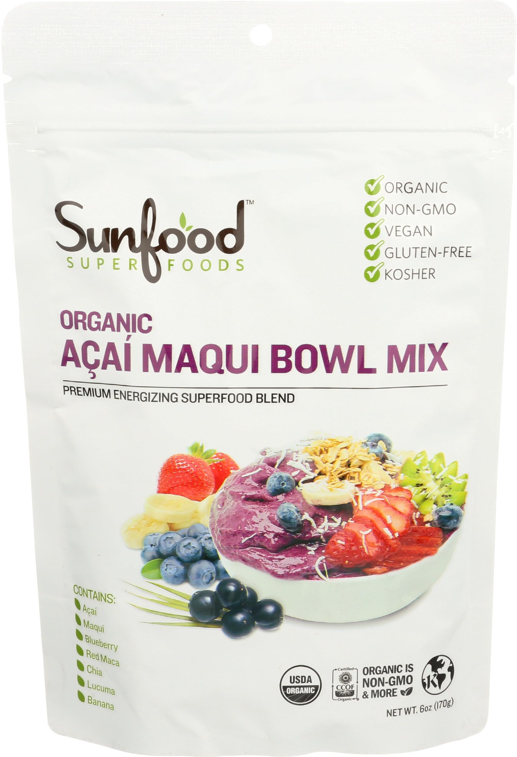 Sunfood Superfoods Organic Acai Maqui Bowl Mix - Acai Powder Organic, Acai Powder for Smoothie Bowles, Maqui Powder Organic, Maqui Berry Extract, Antioxidants & Vitamin C - 6 Oz Bag