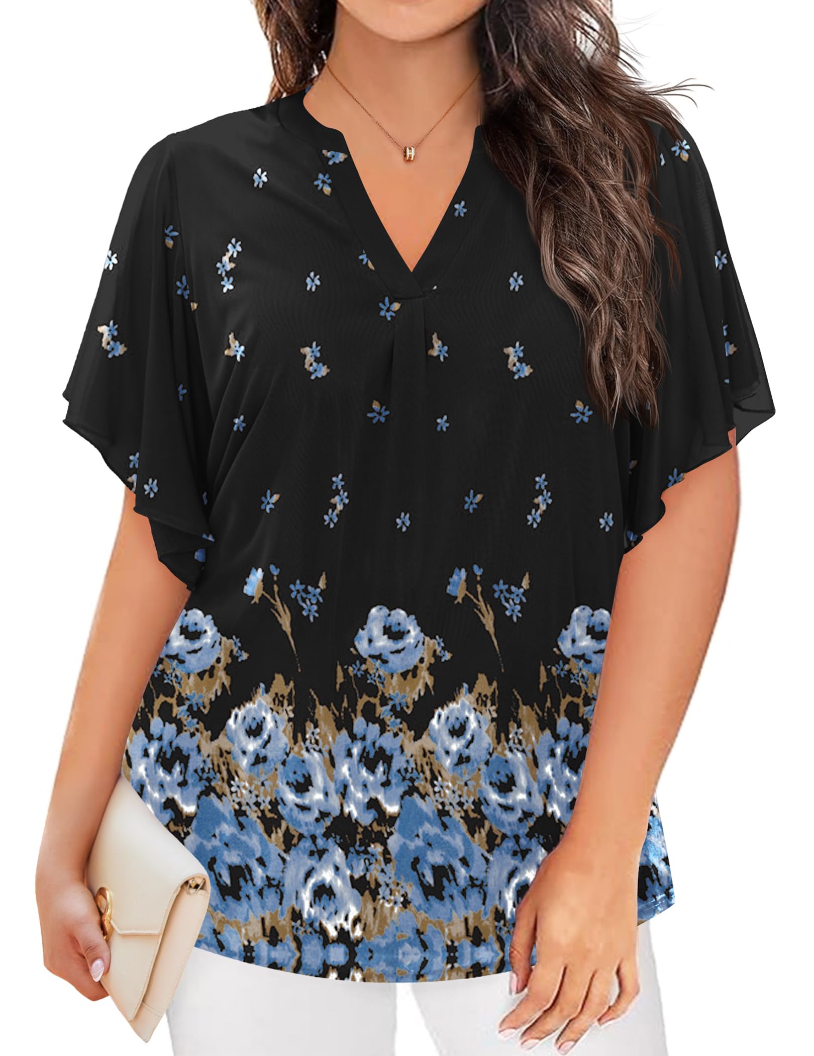 IN'VOLAND Plus Size Short Sleeve Tops for Women Ruffle V Neck Mesh Blouses Flowy Shirt Floral Double Layers Tunics 24W Black Blue
