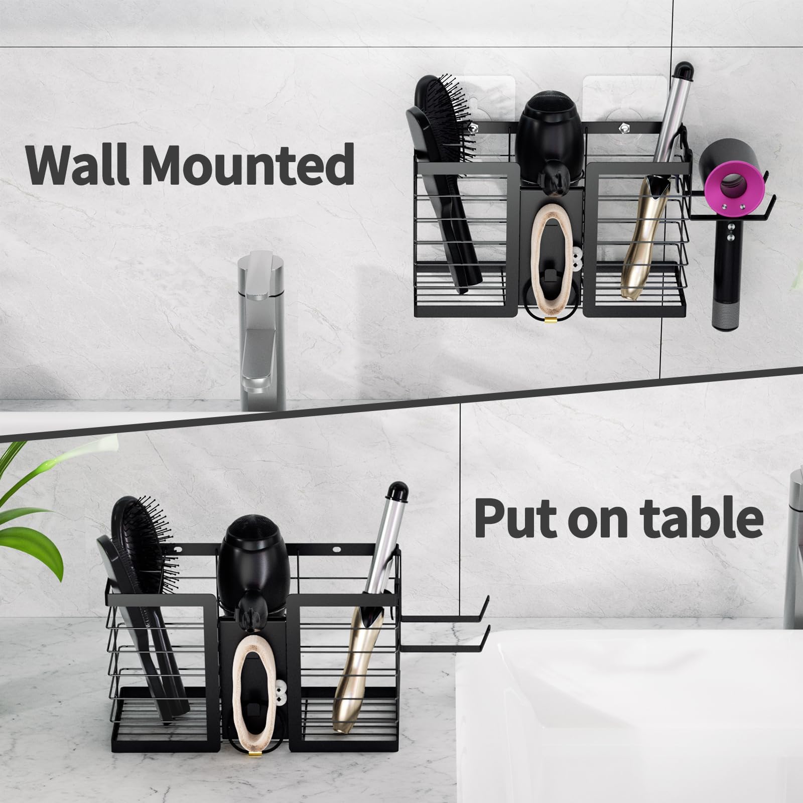 FUNKYLEE Hair Tool Organizer - Hair Dryer Holder, 3 in 1 Metal Bathroom Organizer Wall Mount for Flat Iron, Curling Iron, Straightener, Styling Tools Bathroom Storage and Organizer (Black)