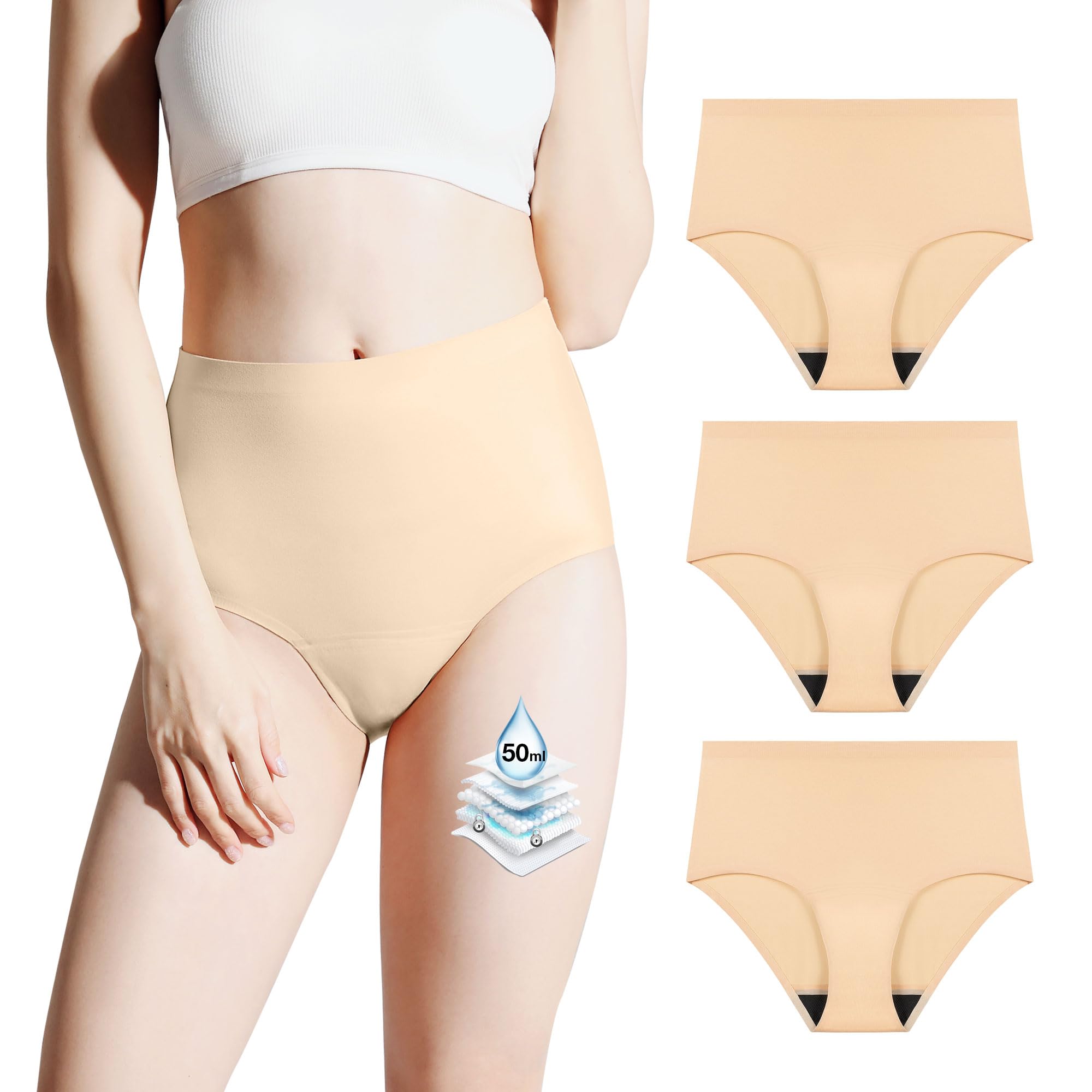 BATTEWA Incontinence Underwear for Women Washable, Leak Proof Underwear High Absorbency, Bladder Leak Underwear Protective Briefs, Seamless Panties 50ml, Beige, Medium(3 Pack