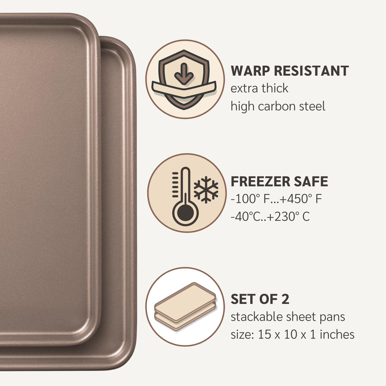 HAPPIELS Nonstick Baking Sheet Set of 2 | PFOA & BPA Free Non Toxic Carbon Steel Cookie Sheets | Best Non Stick Oven Cooking Pans & Jelly Roll Pan | Best Nontoxic Baking Trays 15x10 Inch