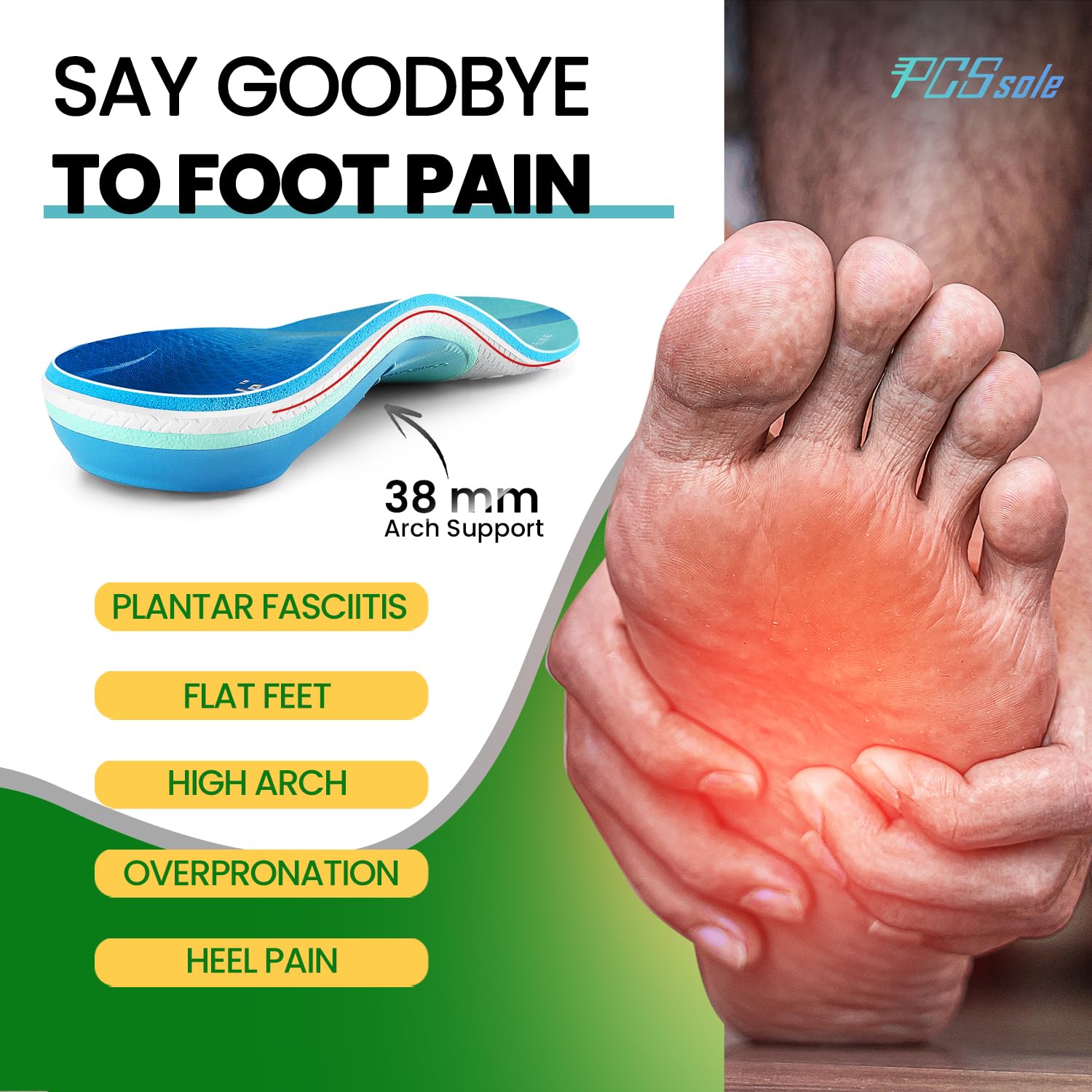 PCSsole Plantar Fasciitis Insoles Pro Green, 240lbs+ Heavy Duty High Arch Support Inserts for Men & Women Bagasse Content Cushion Orthotic Insoles for Foot Pain Relief Flat Feet Arch Pain Heel Pain