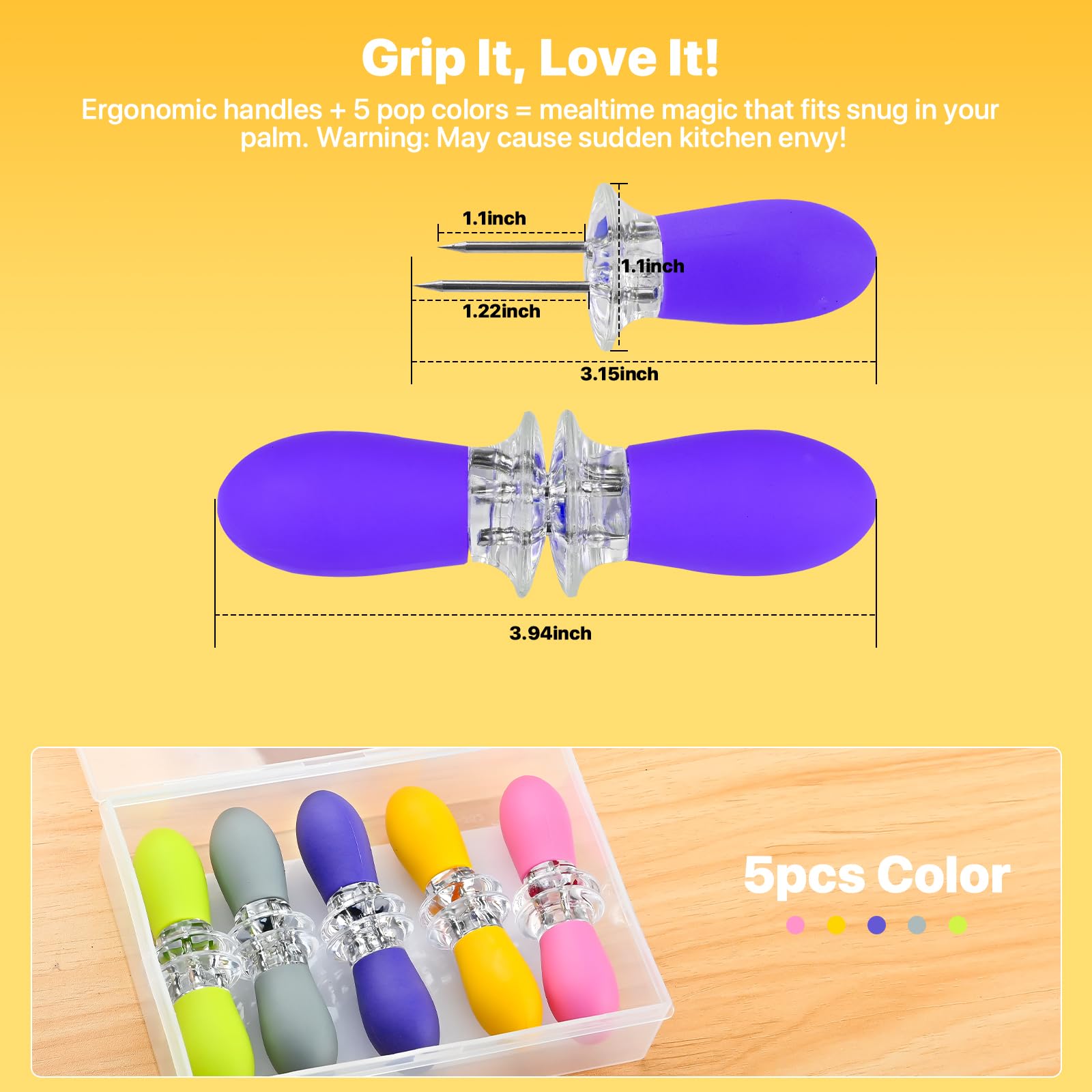 Corn on the Cob Holders Set with Interlocking Design & Storage Case, Silicone Handles + Stainless Steel Pins | Corn Cob Holders for BBQ, Picnics, Dishwasher Safe & Non-Slip Corn Skewers & Sticks.