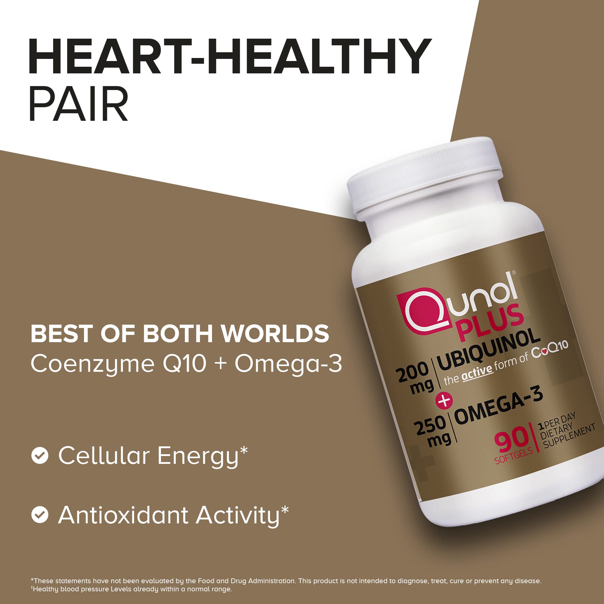 Qunol Plus Ubiquinol + Omega 3, Ubiquinol CoQ10 200mg with 250mg Omega-3 Fish Oil, Extra Strength, Antioxidant for Heart Health, Natural Supplement for Energy Production, (Bovine Version), 90 Count