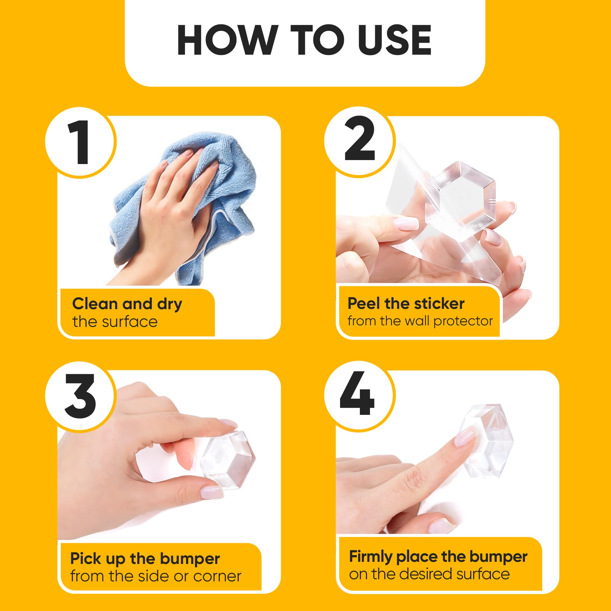 Large 2" Door Knob Wall Protectors โ 4 Clear Self-Adhesive Silicone Bumper Pads in Modern Hex Shape โ Noise Dampening Wall & Furniture Guards by VELLAX