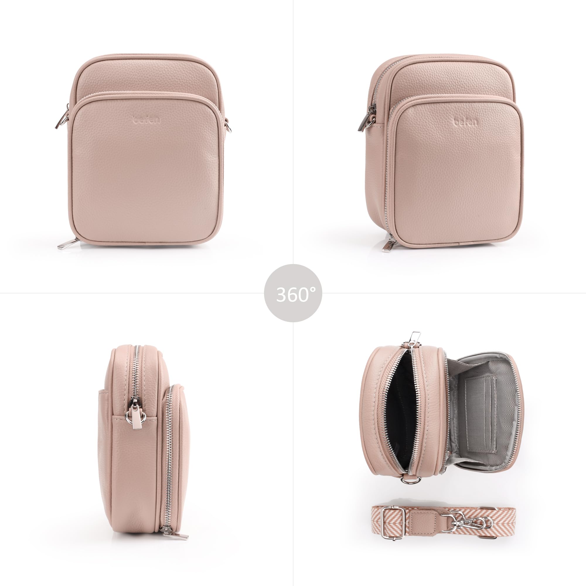 befen Genuine Leather Small Crossbody Purses for Women, Trendy Cell Phone Travel Purse Shoulder Cross Body Bags with Wide Straps, Nude Pink