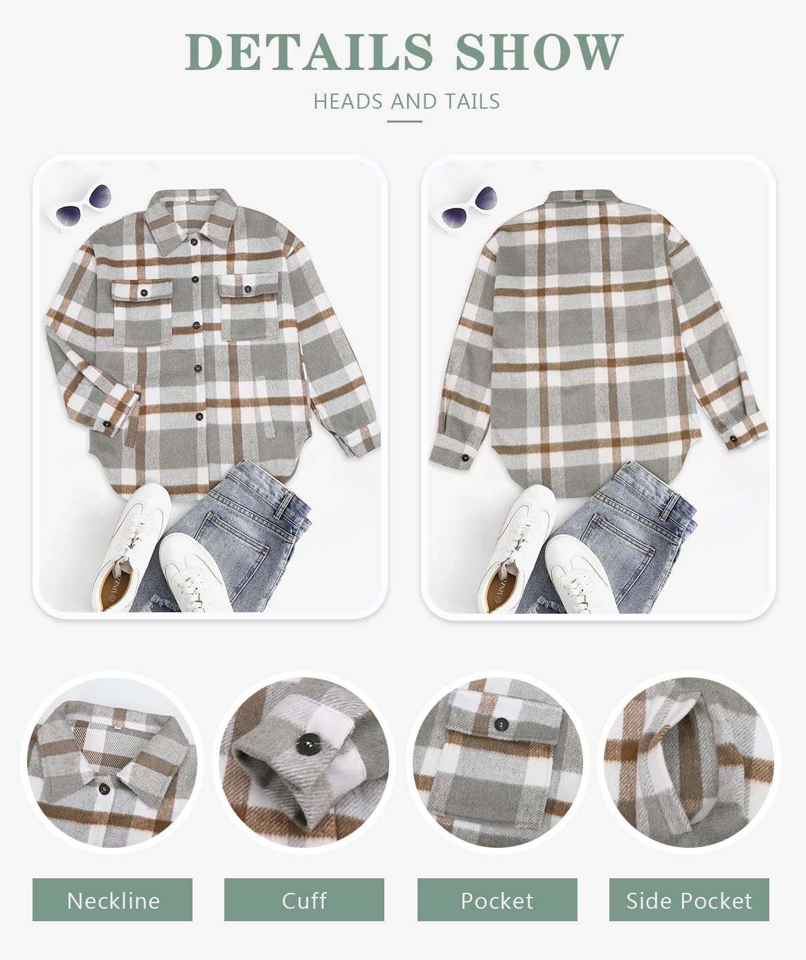 Beaully Women's Brushed Plaid Shirts Long Sleeve Flannel Lapel Button Down Pocketed Shacket Jacket Coats 6017 Khaki Medium