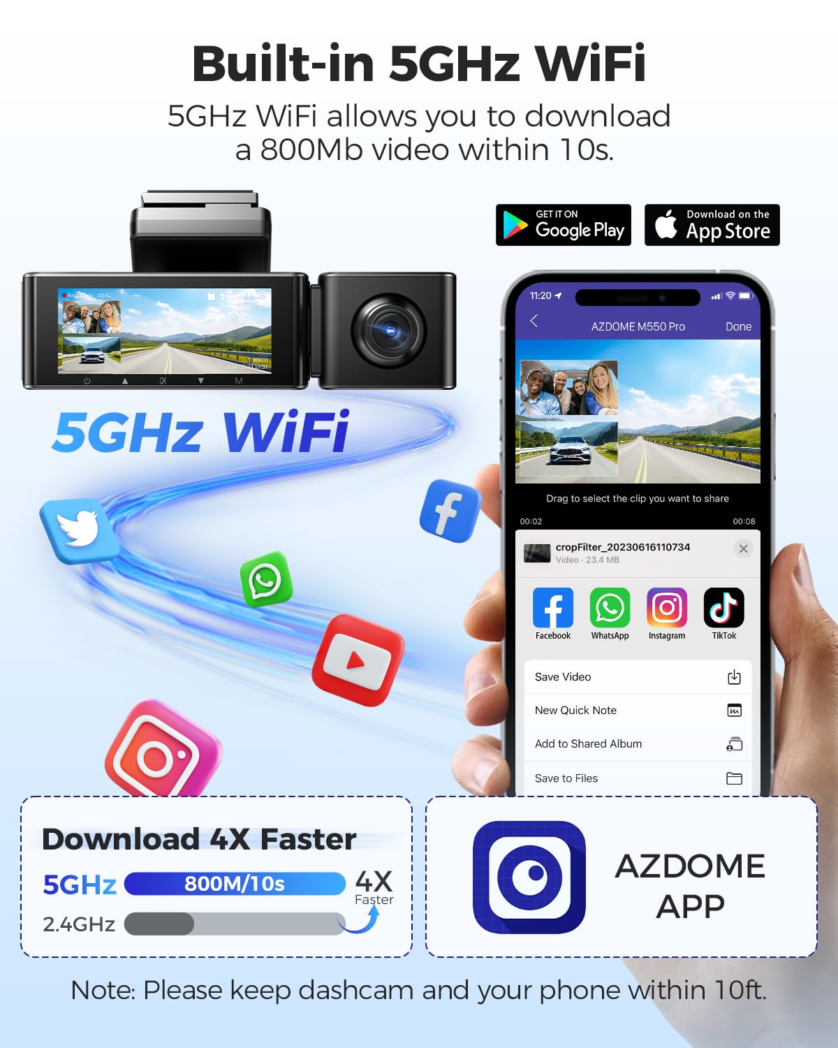 AZDOME M550 Pro 5G WiFi 3 Channel Dash Cam Built-in GPS, 4K+1080P Dual Dash Camera for Cars with 64GB Card, 1440P+1080P+1080P Front and Rear Inside, 3.19" IPS Screen, IR Night Vision, 24H Parking Mode