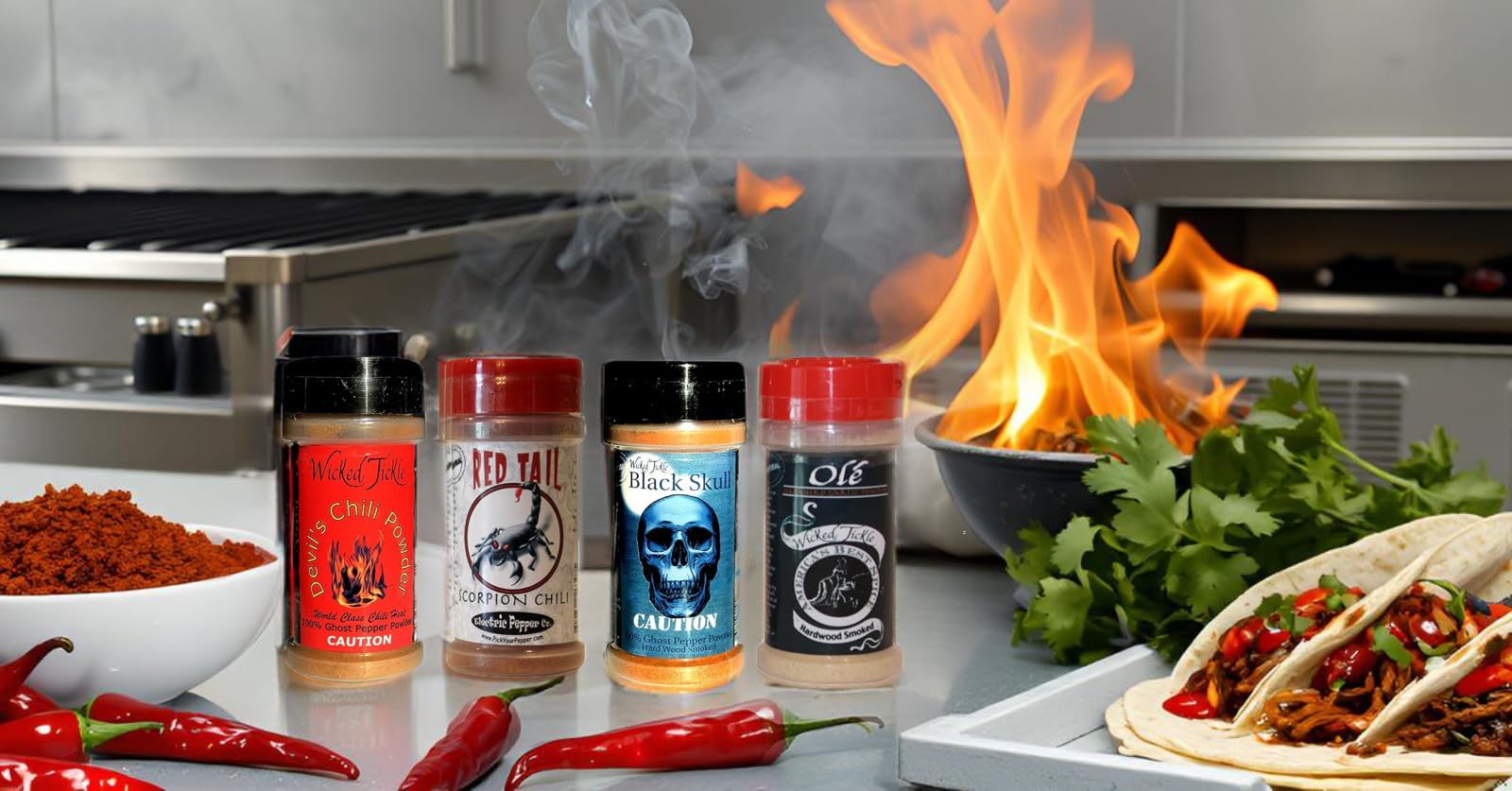 Wicked Tickle Chili Powder Gift Set, 4 Pack – Ghost, Smoked Ghost, Scorpion, Habanero Garlic Salt, 2 oz Bottles