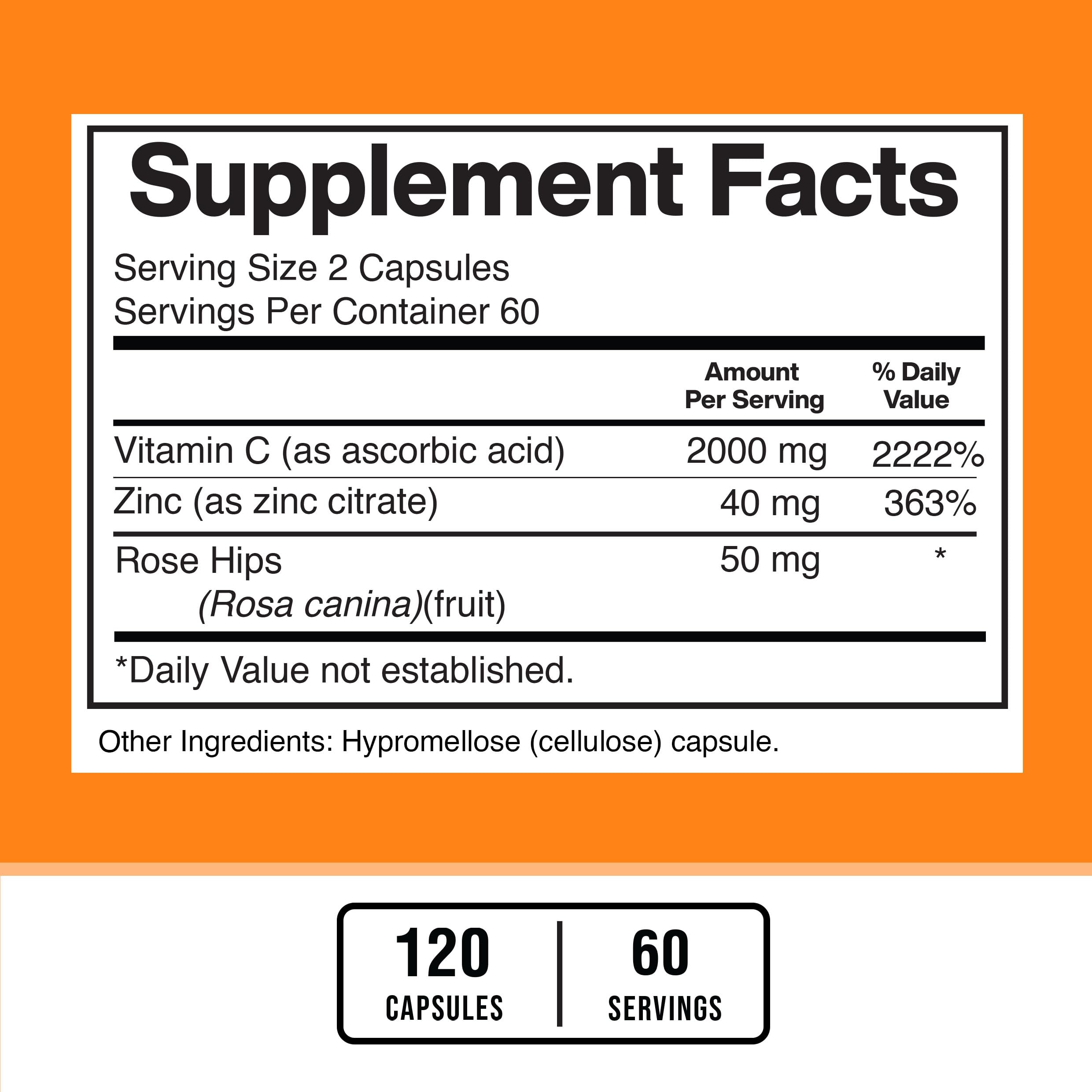 American Standard Supplements Vitamin C 2000mg, Zinc 40mg, and Rose HIPS 50mg Per Serving – Vegan, Gluten Free, Non-GMO (120 Count) (Pack of 2)