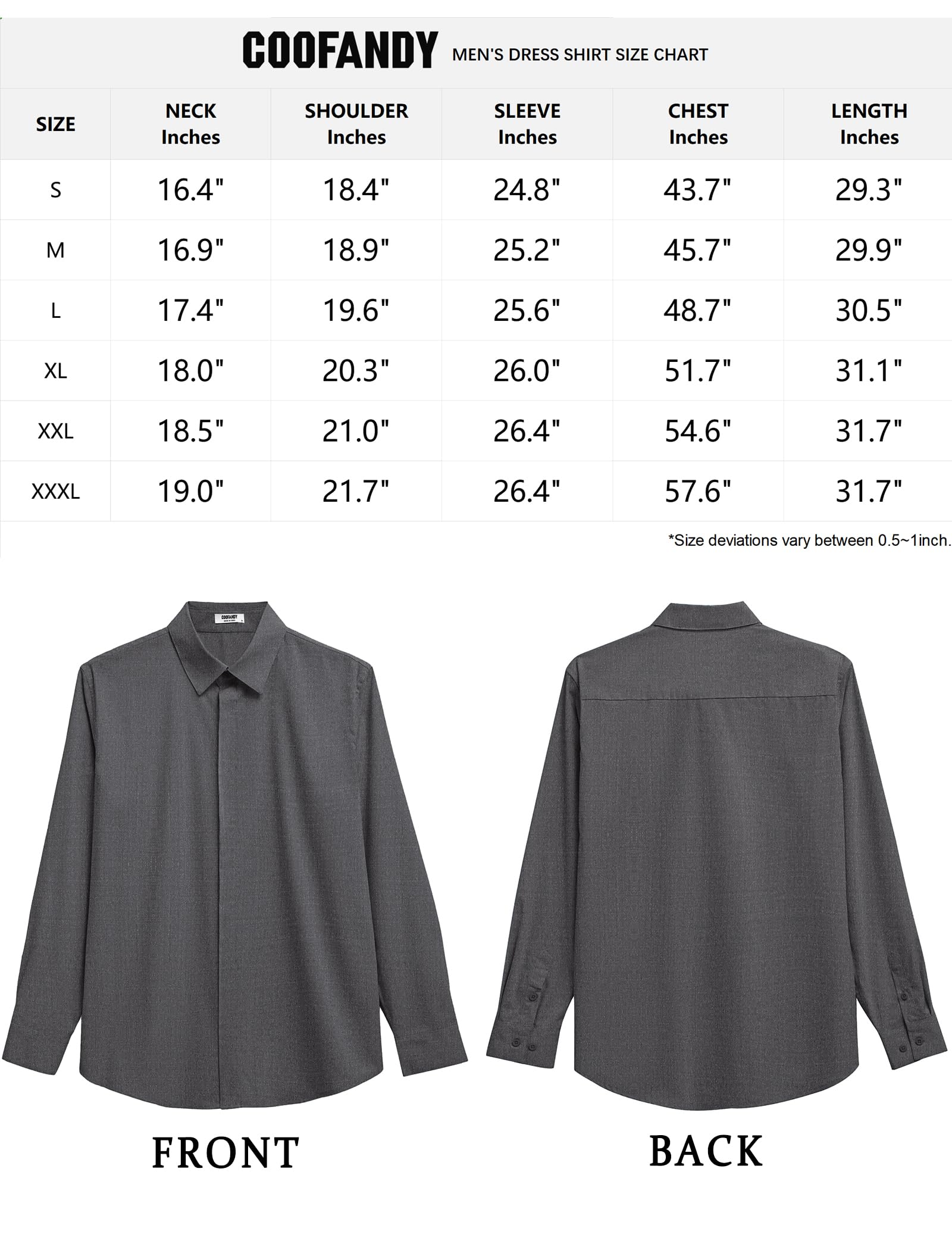 COOFANDY Mens Business Casual Shirt Covered Placket Button Up Long Sleeve Performance Suit Shirt for Men Relaxed Fit No Wrinkle Fitted Wedding Outfits Dark Grey Gray XL