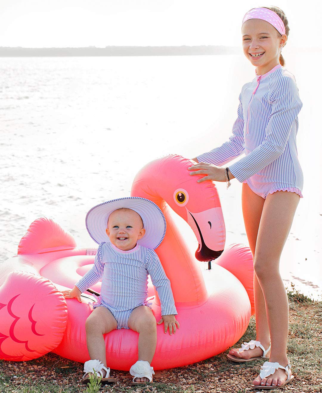 RuffleButts® Baby/Toddler Girls Long Sleeve One Piece Swimsuit - Blue Seersucker with UPF 50+ Sun Protection - 2T