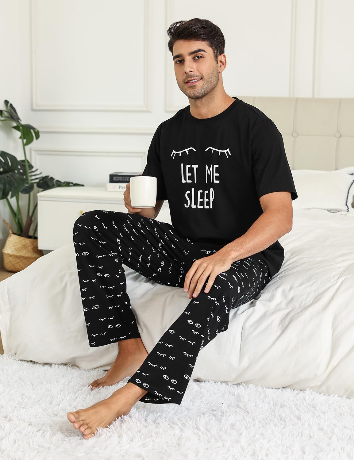EISHOPEER Men's Soft Cotton Pajama Set Short Sleeve Casual Sleepwear T Shirt Loungewear with Long Pants Black XX-Large