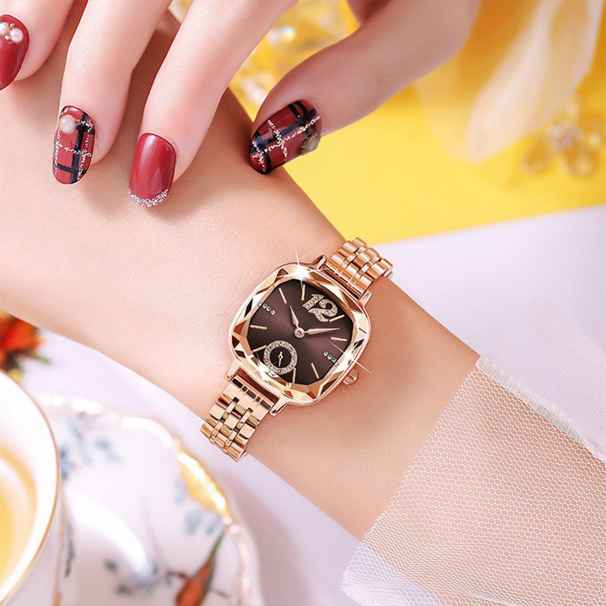 BESTKANG Women's Watch Square Diamond Dress Fashion Steel Belt Waterproof Quartz Wrist Watches for Women (Rose Gold Brown)