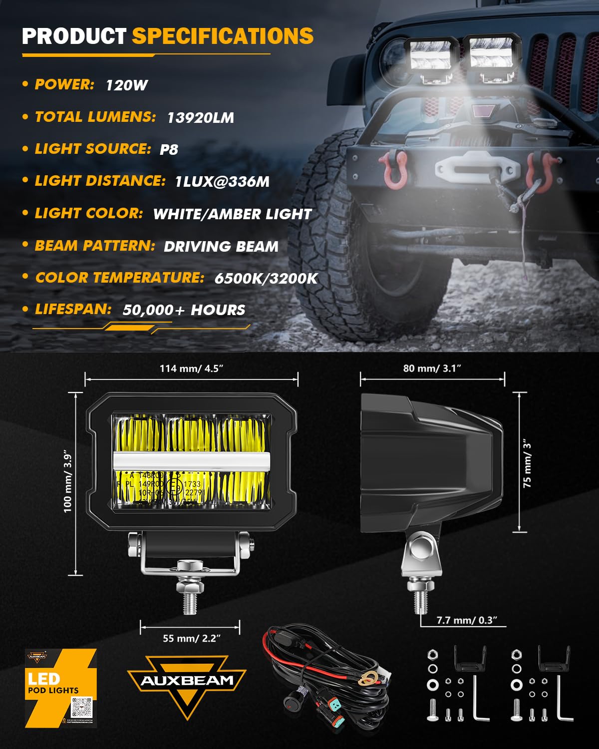 Auxbeam 4.5 Inch LED Driving Light Pods, Offroad Cubes Driving Beam Spotlights with White DRL& Amber Turn Signal Light, 120W 13920LM Super Bright Off Road Work Auxiliary Lights with Wiring Harness