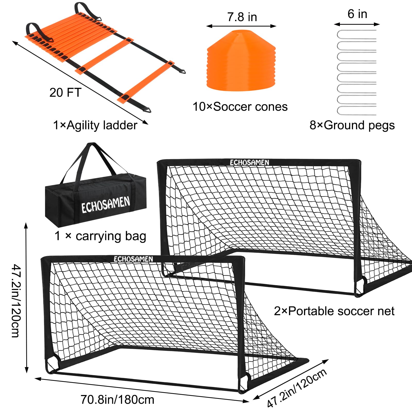 Kids Soccer Goals for Backyard, 2 of 6 x 4 ft Kids Soccer Goal Set Soccer Net with 10 Soccer Cones, Agility Ladder & Carry Bag, Portable Soccer Training Equipment, Suitable Soccer Goal for Kids 1-15