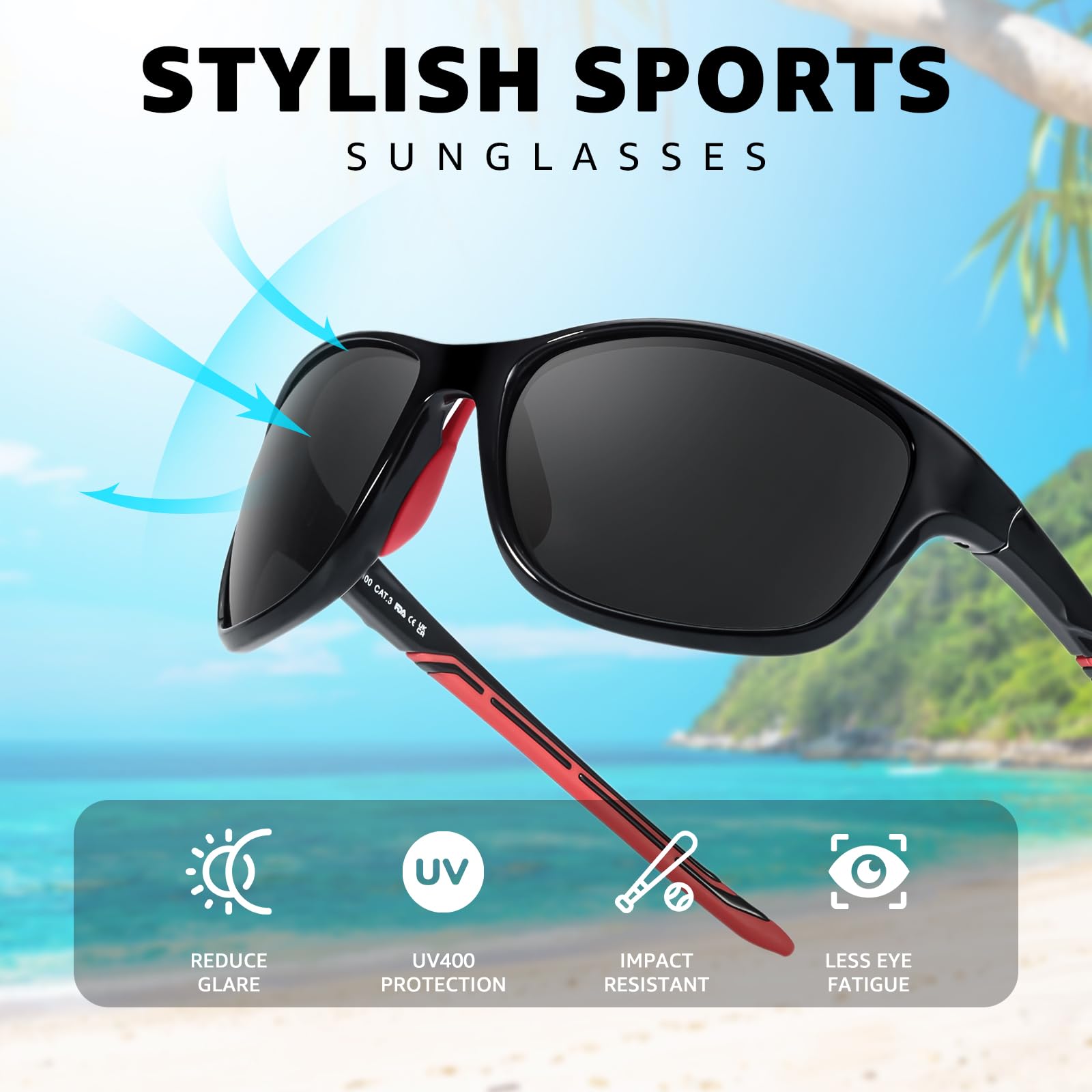 TJUTR Sports Sunglasses for Women Men, Polarized UV400 Protection Wrap Around Sun Glasses for Running Driving (A3 Black/Grey)