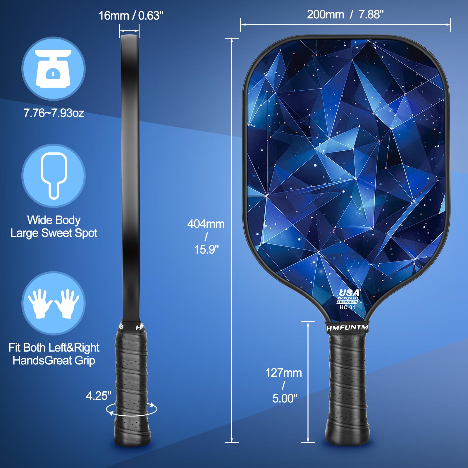 HMFUNTM Pro Carbon Fiber Pickleball Paddle, Professional Pickleball Paddles with Grit Texture for Increased Spin, Power, Control, Lightweight Pickleball Racket with Paddle Cover, USAPA Standard, Blue