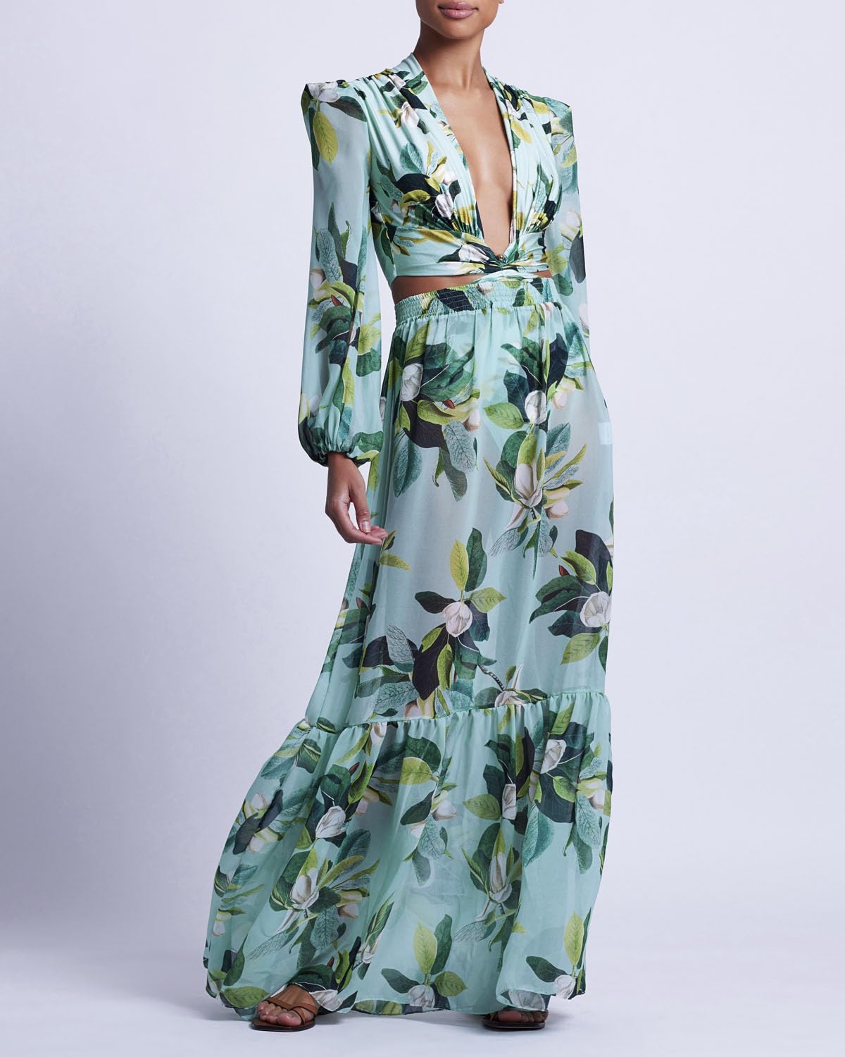 PATBO, Magnolia Plunge Maxi Dress, L, Green Multi