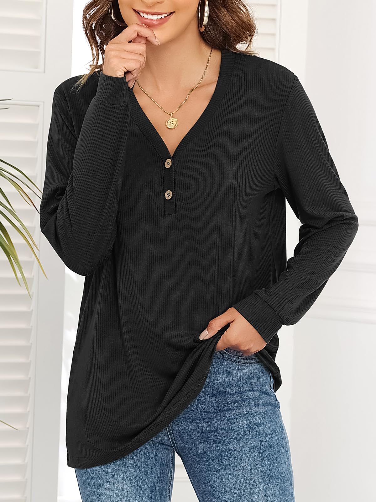 lionstill Womens Long Sleeve Tops V-neck Tunic Shirts for Women Casual Loose Shirt, Black 2XL