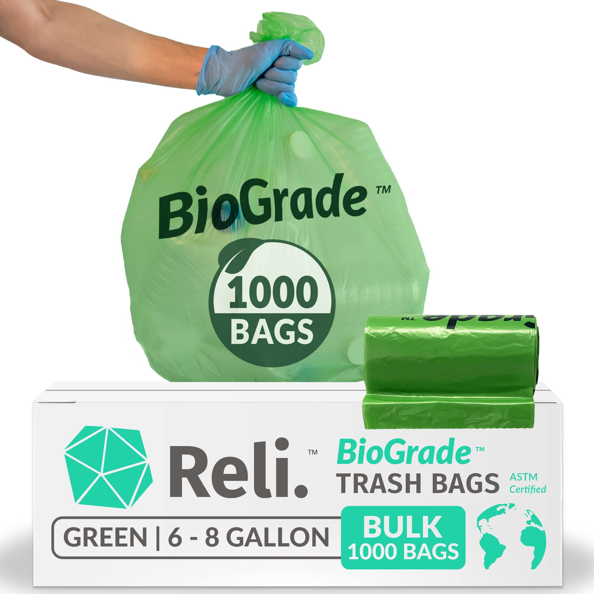 Reli. Biodegradable 6-8 Gallon Trash Bags | 1000 Count Bulk | ASTM D6954 | Green | Eco-Friendly | Oxobiodegradable Under Certain Conditions (See Product Description)