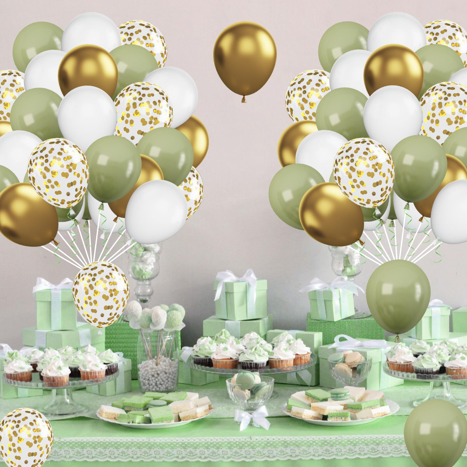 Cudory Sage Green Balloons Set, 60 Count, 12 Inch, Metallic Gold & Matte White, Retro Avocado Green & Confetti Gold, For Birthday Party, Baby Shower, Wedding Decoration