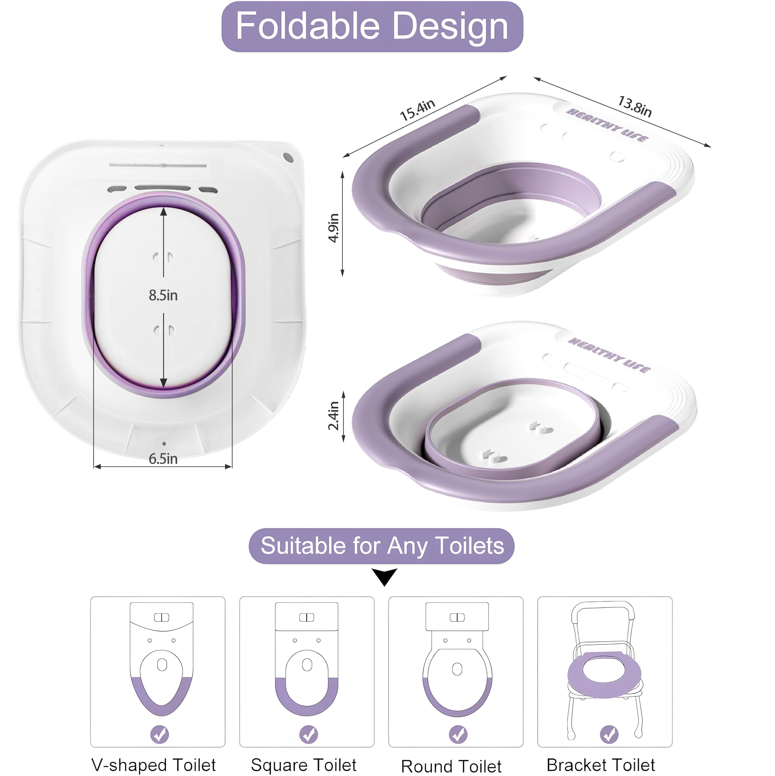 Sitz Bath, Unisex Sitz Bath for Toilet, Electric Sitz Bath for Hemorrhoids, Sitz Bath Soak Tub, Sitz Bath Postpartum Care, Home Use Portable for Easy Storage, Collapsible Storage, Wide Seat (Purple)