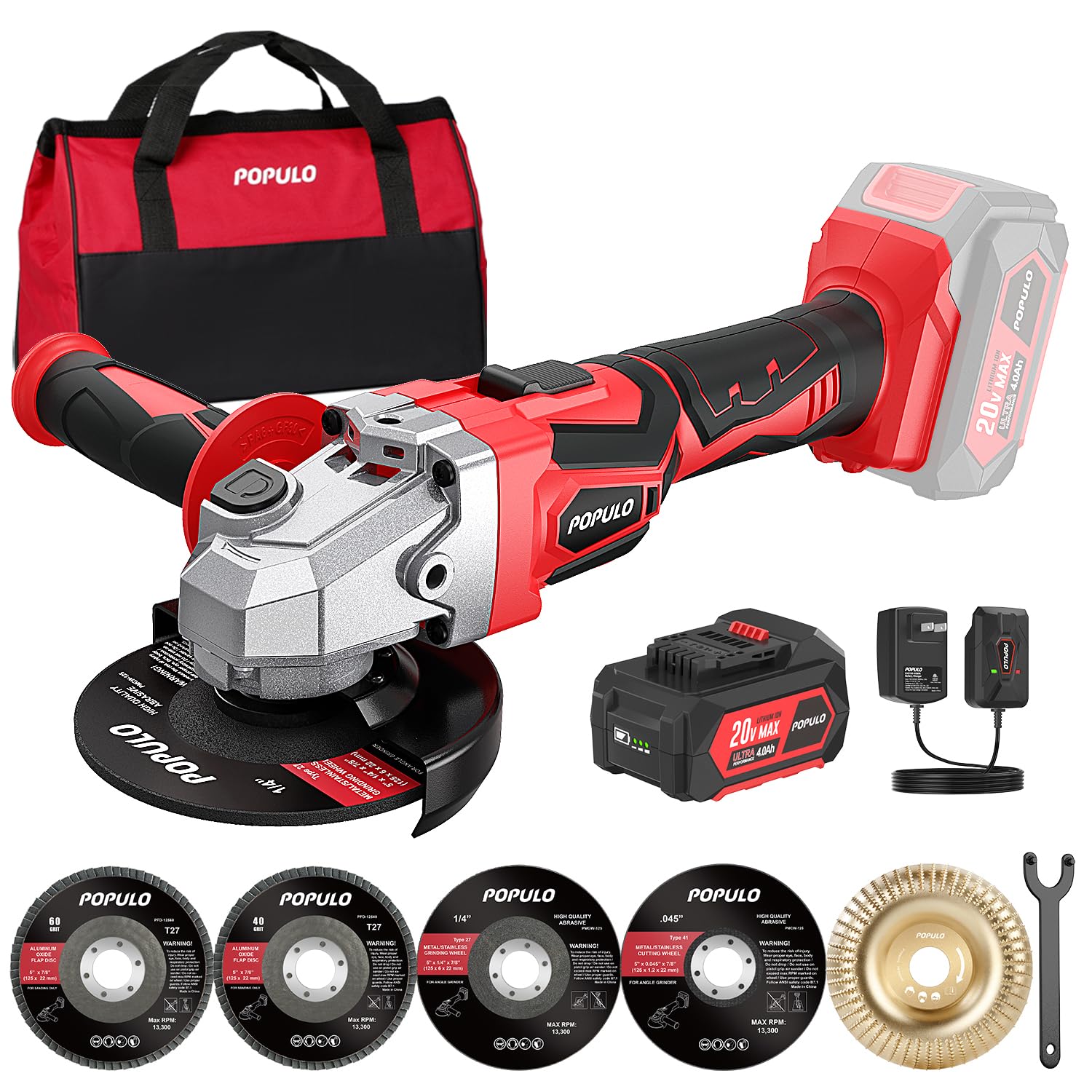 POPULO 20V Cordless Angle Grinder tool with Brushless Motor,Compatible 4-1/2 Inch Wheel,Metal Grinders W/4.0Ah Battery,Equipped 5” Grinding Wheel,Cutting Wheel,Flap Disc and Carving Disc